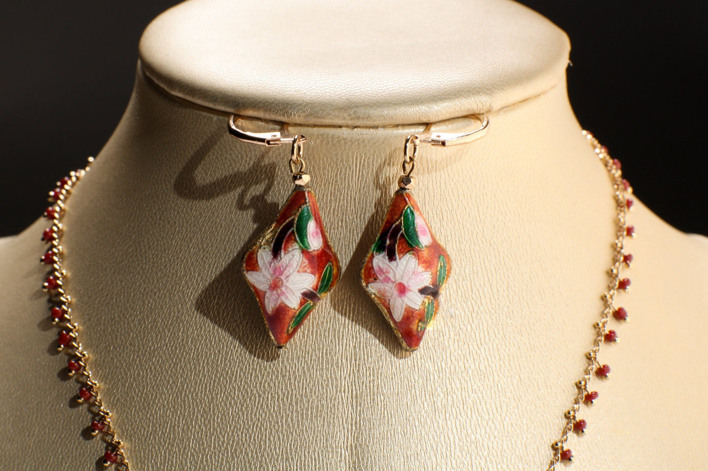 Traditional Cloisonné Pendant Vintage Floral Flowers Focal with Gold Plated Beaded Chain Necklace 20" and matching Leverback Earrings set