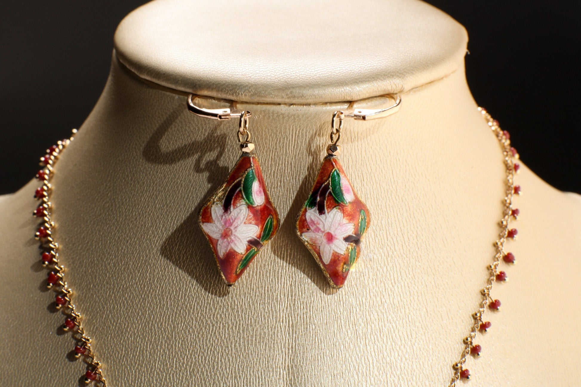 Traditional Cloisonné Pendant Vintage Floral Flowers Focal with Gold Plated Beaded Chain Necklace 20" and matching Leverback Earrings set