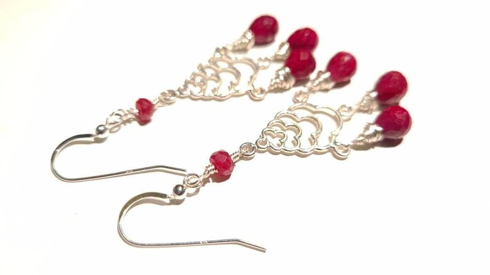 Genuine Ruby Wire Wrapped Dangling Briolette Earrings in 925 Sterling Silver Chandelier and Leverback Earwire, Bridal, Boho, Handmade Gift