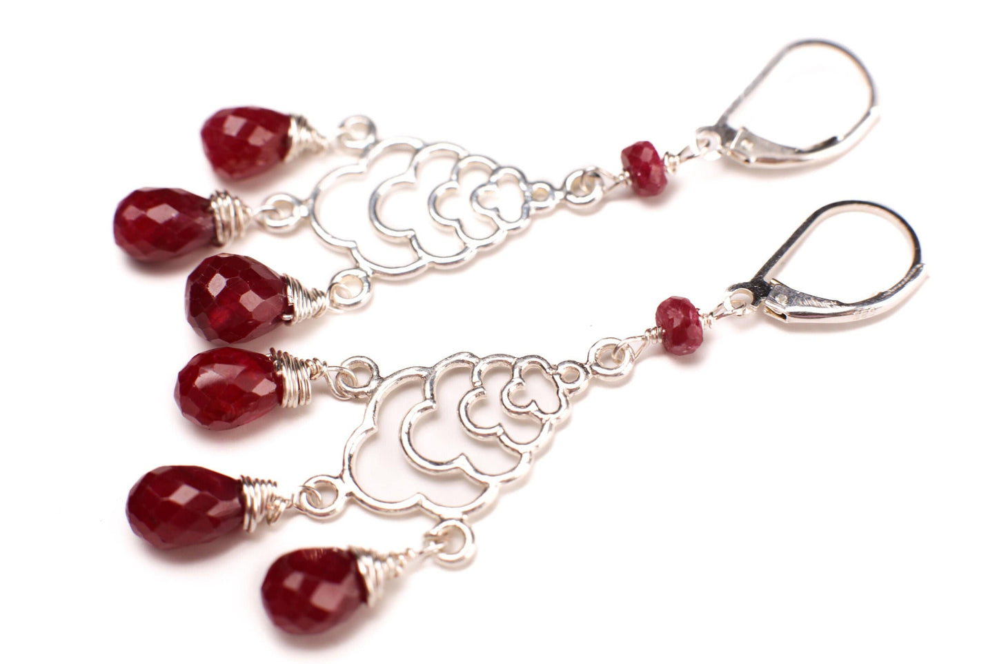 Genuine Ruby Wire Wrapped Dangling Briolette Earrings in 925 Sterling Silver Chandelier and Leverback Earwire, Bridal, Boho, Handmade Gift