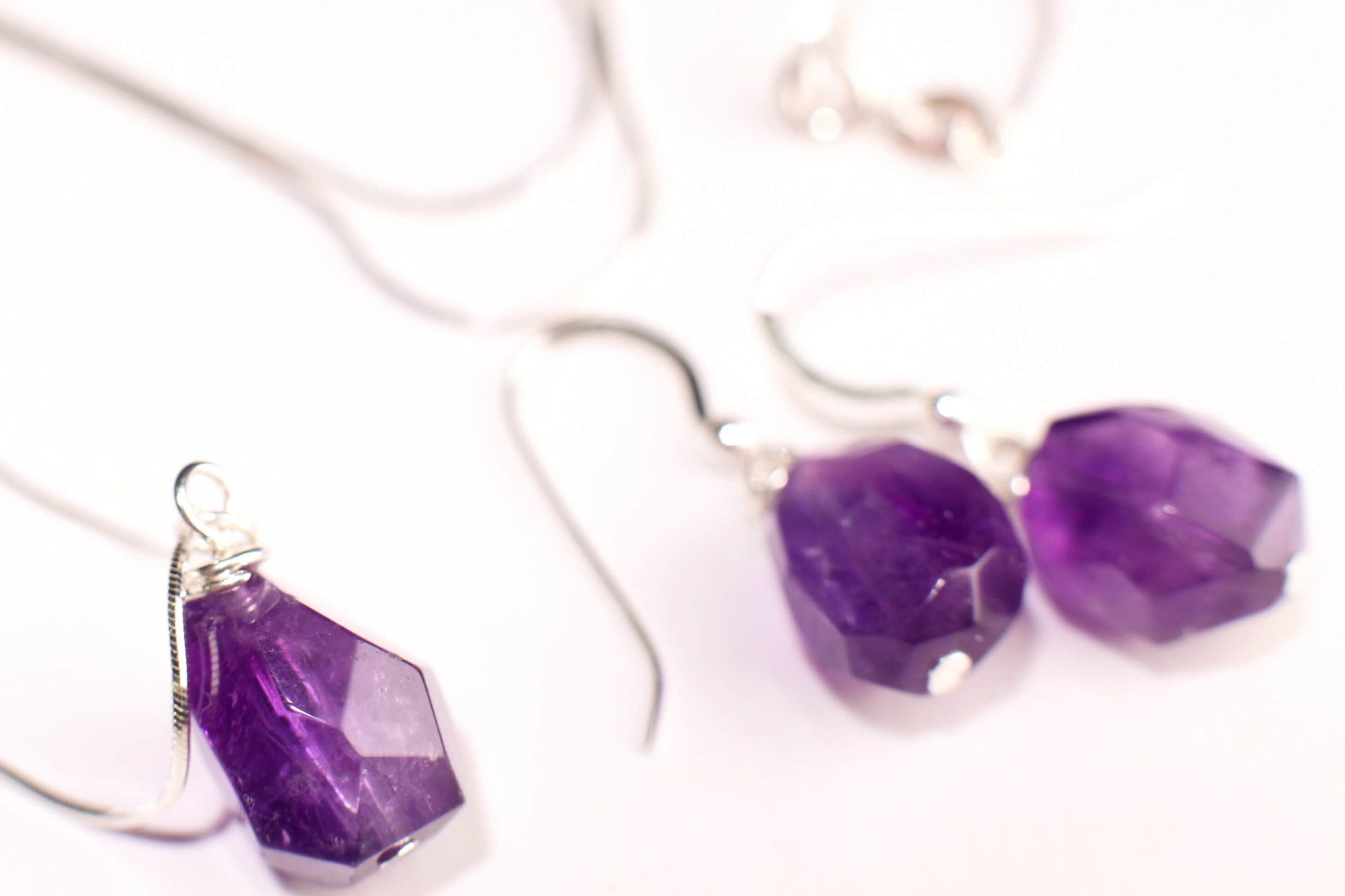 Natural Brazilian Amethyst Raw Freeform Tumbled Cut Nugget Earring and Necklace Set in Italian 925 Sterling Silver, Minimalist, Gift For her