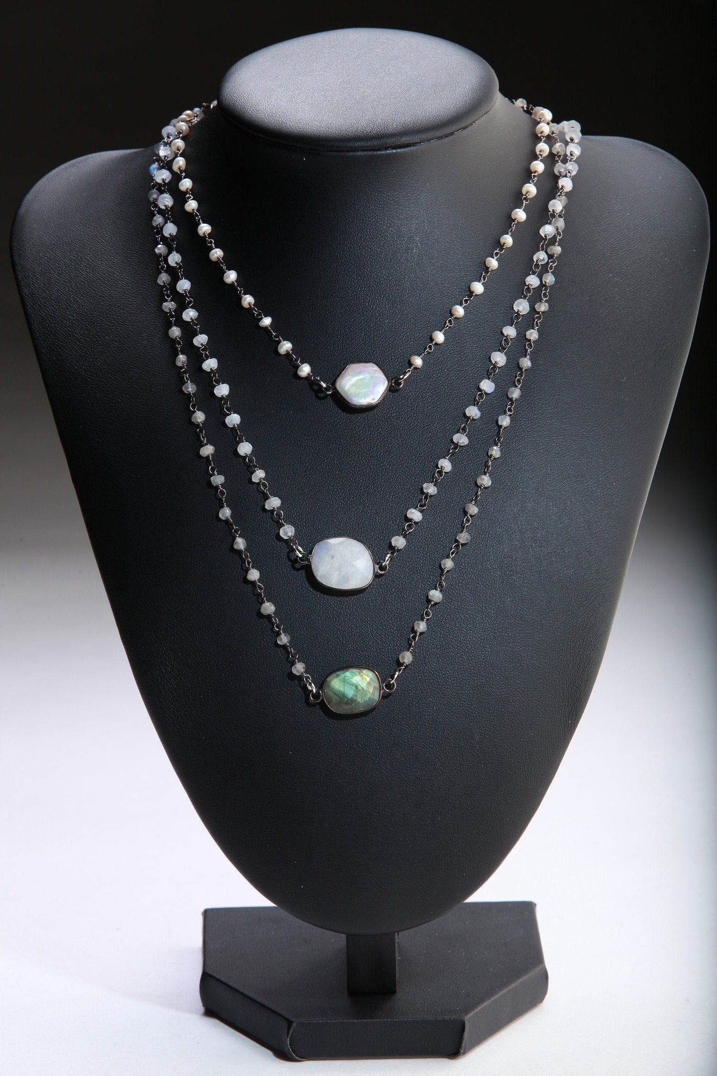 Genuine Moonstone,Labradorite FreshwaterPearl Silver Oxidized Bezel Pendant with Matching Gemstone Beaded Necklace with Extender 16&quot;- 20&quot;