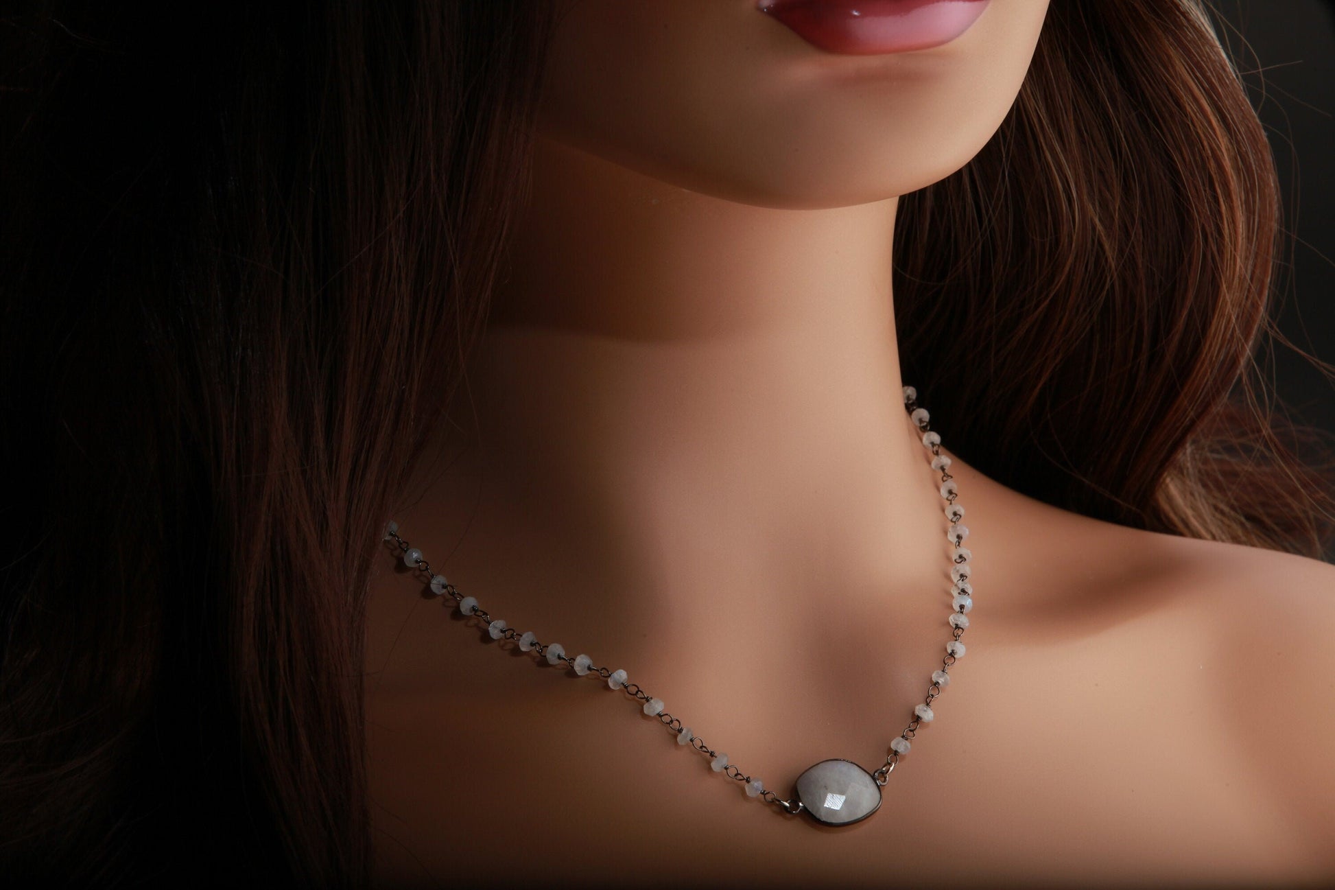 Genuine Moonstone,Labradorite FreshwaterPearl Silver Oxidized Bezel Pendant with Matching Gemstone Beaded Necklace with Extender 16&quot;- 20&quot;