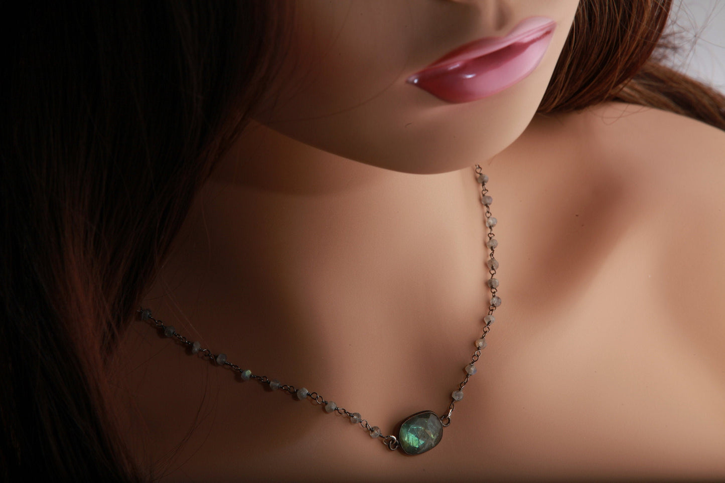 Genuine Moonstone,Labradorite FreshwaterPearl Silver Oxidized Bezel Pendant with Matching Gemstone Beaded Necklace with Extender 16&quot;- 20&quot;