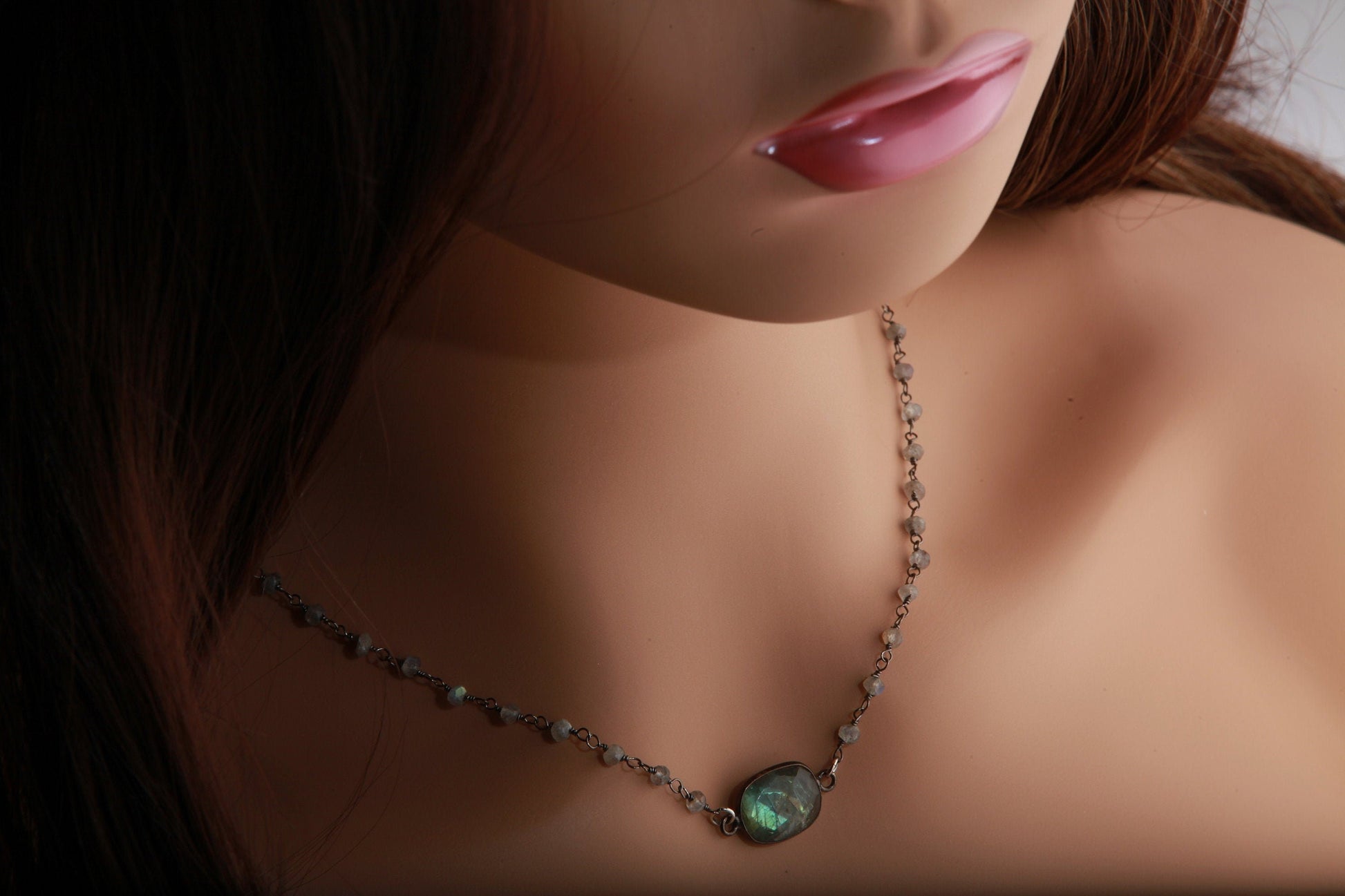 Genuine Moonstone,Labradorite FreshwaterPearl Silver Oxidized Bezel Pendant with Matching Gemstone Beaded Necklace with Extender 16&quot;- 20&quot;