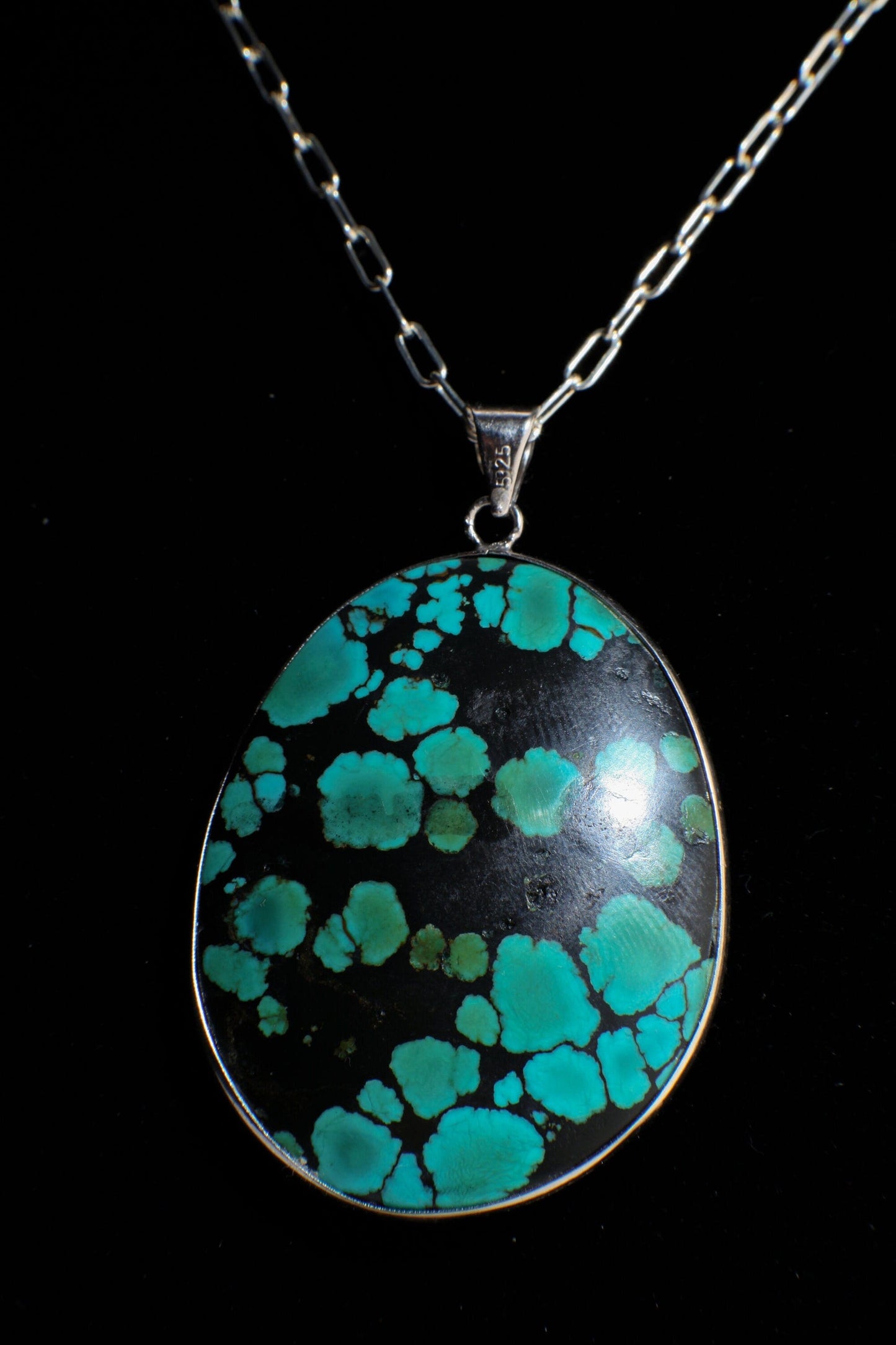 Turquoise Pendant, Genuine AAA Tibetan Spiderweb Turquoise Cab Gemstone 925 Sterling Silver Bezel Pendant, Option: Silver Chain,39x50mm 20g