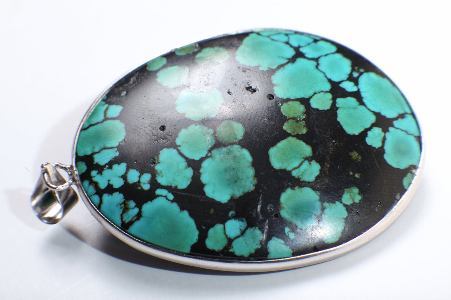 Turquoise Pendant, Genuine AAA Tibetan Spiderweb Turquoise Cab Gemstone 925 Sterling Silver Bezel Pendant, Option: Silver Chain,39x50mm 20g