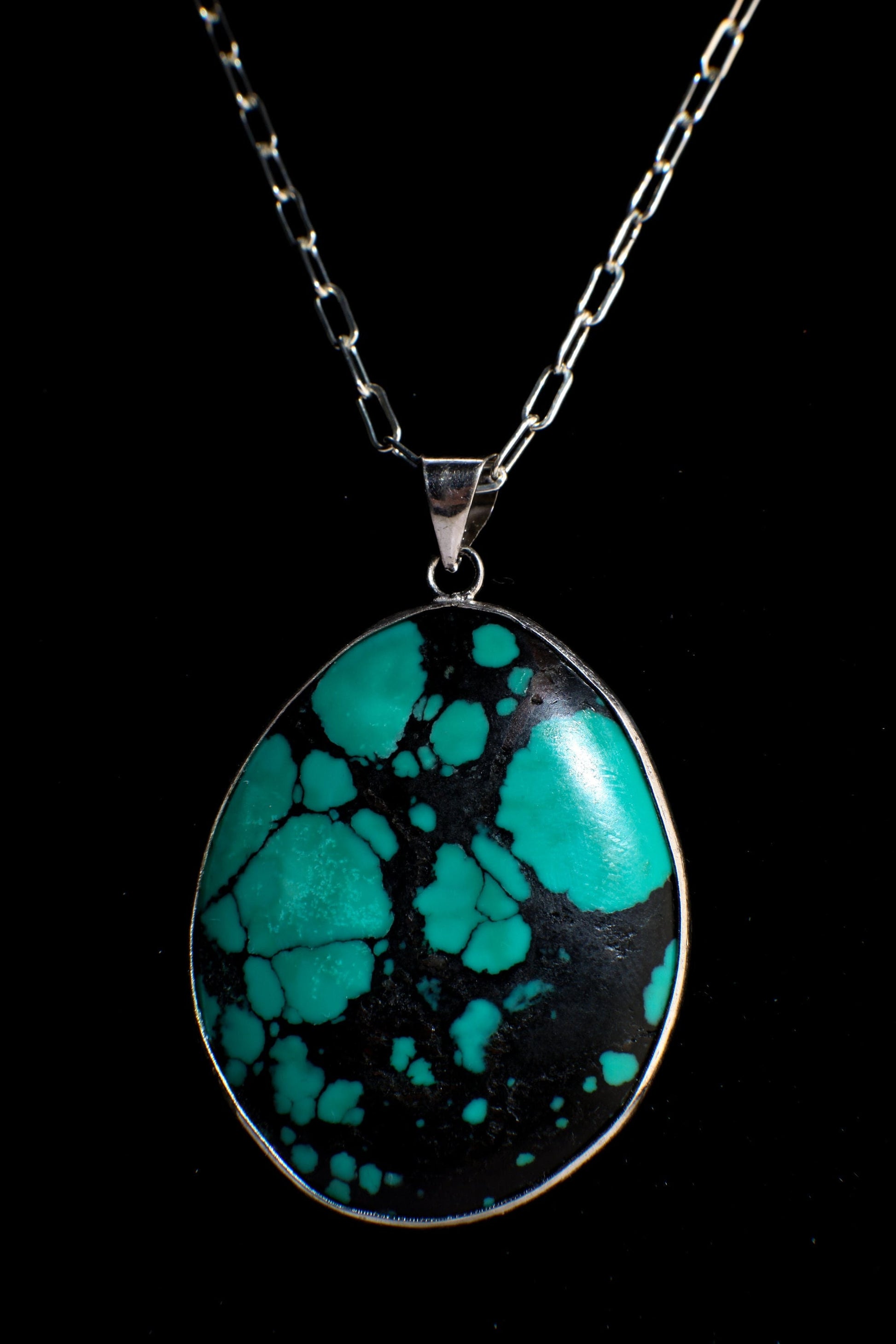 Turquoise Pendant, Genuine AAA Tibetan Spiderweb Turquoise Cab Gemstone 925 Sterling Silver Bezel Pendant, Option: Silver Chain,37x46mm 15g