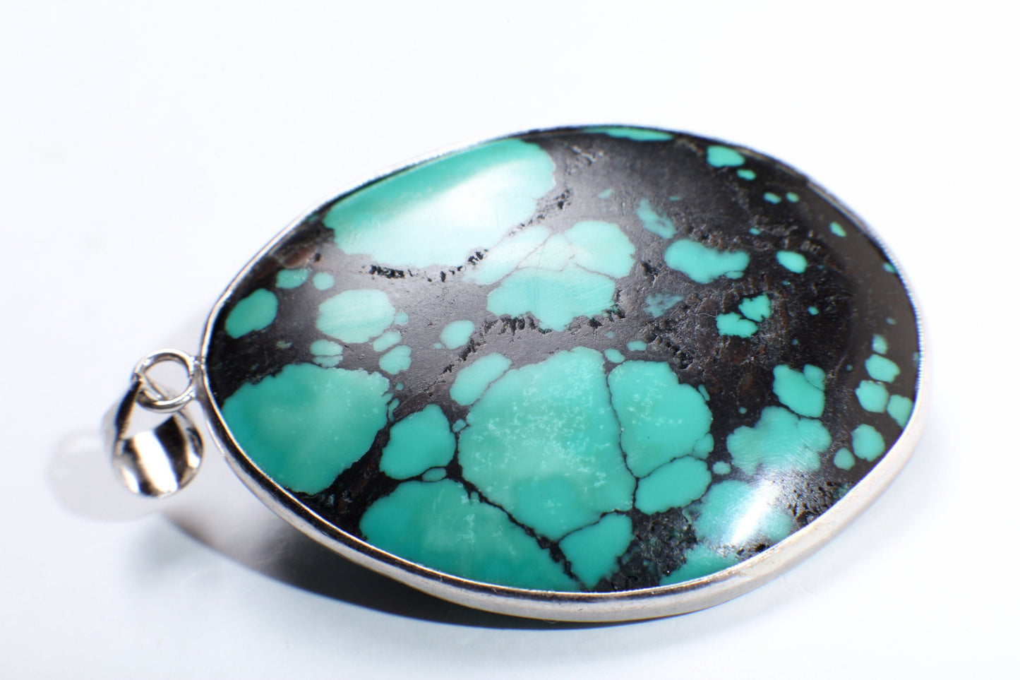 Turquoise Pendant, Genuine AAA Tibetan Spiderweb Turquoise Cab Gemstone 925 Sterling Silver Bezel Pendant, Option: Silver Chain,37x46mm 15g