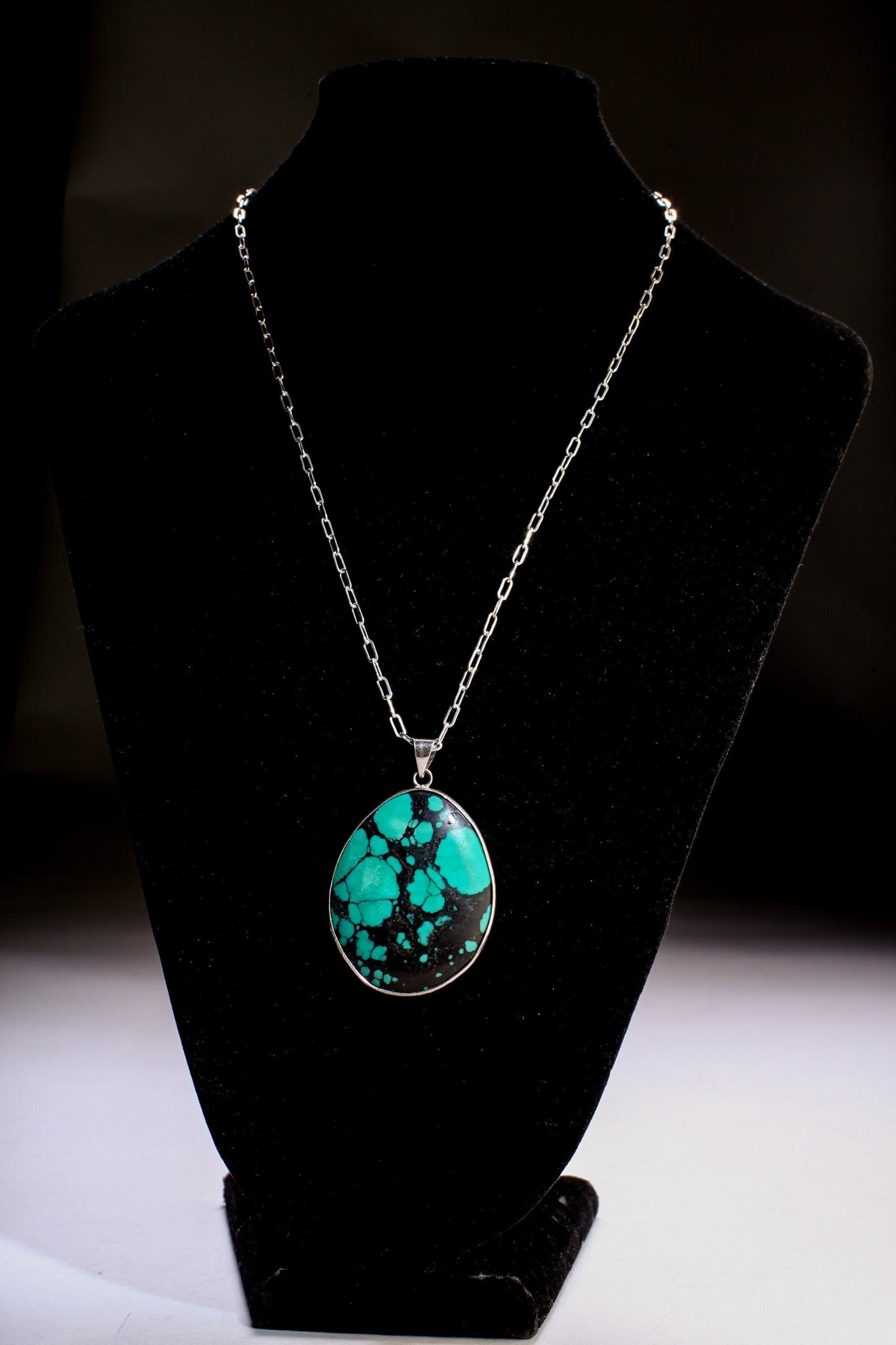 Turquoise Pendant, Genuine AAA Tibetan Spiderweb Turquoise Cab Gemstone 925 Sterling Silver Bezel Pendant, Option: Silver Chain,37x46mm 15g