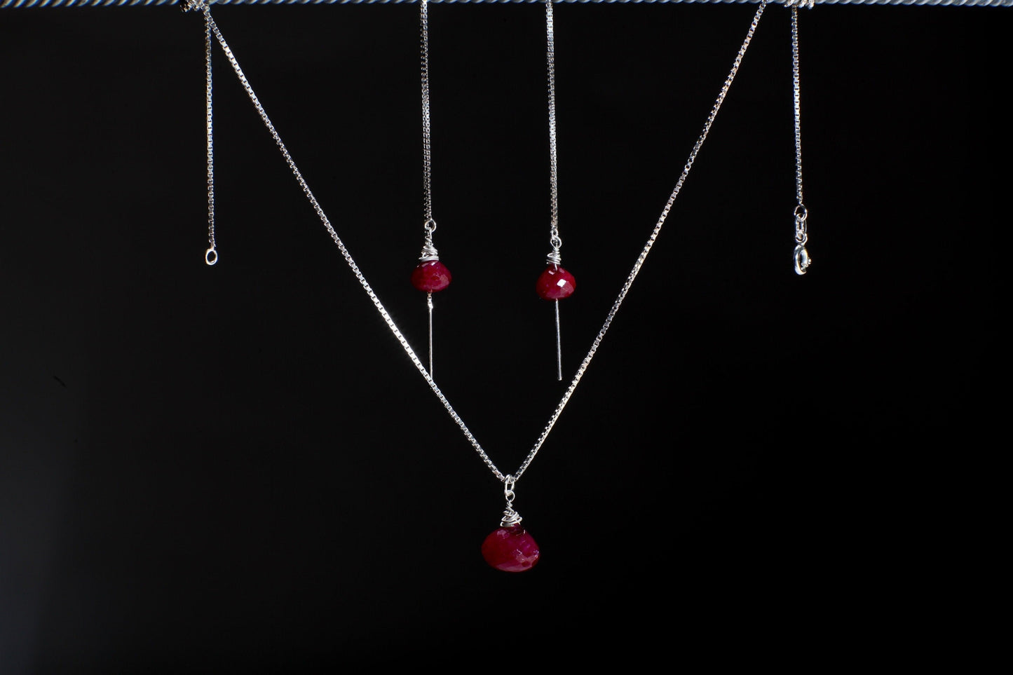 Ruby Necklace Set, Genuine Ruby Drop Briolette Onion Shape and 5&quot; Long Threader Earrings in 925 Sterling Silver Box Chain Necklace