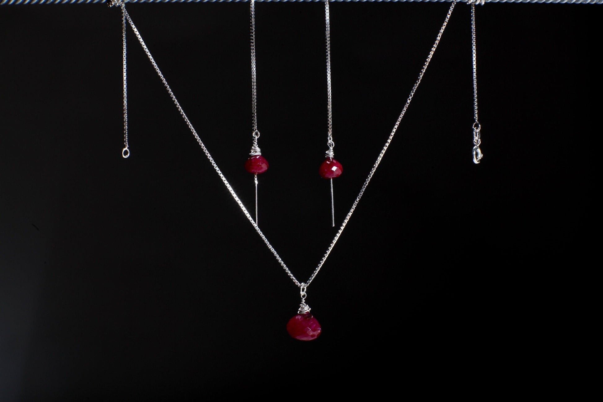 Ruby Necklace Set, Genuine Ruby Drop Briolette Onion Shape and 5&quot; Long Threader Earrings in 925 Sterling Silver Box Chain Necklace