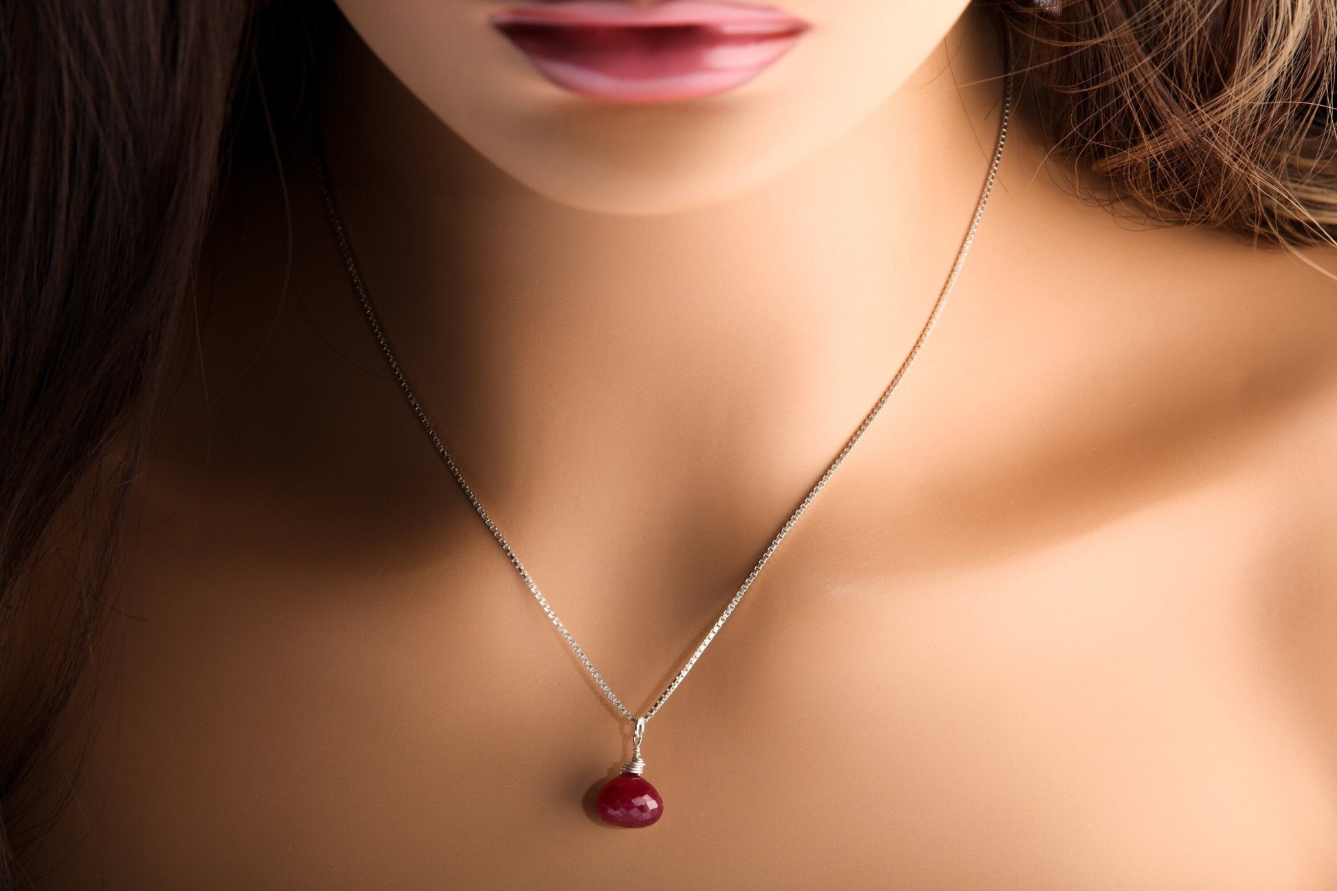 Ruby Necklace Set, Genuine Ruby Drop Briolette Onion Shape and 5&quot; Long Threader Earrings in 925 Sterling Silver Box Chain Necklace