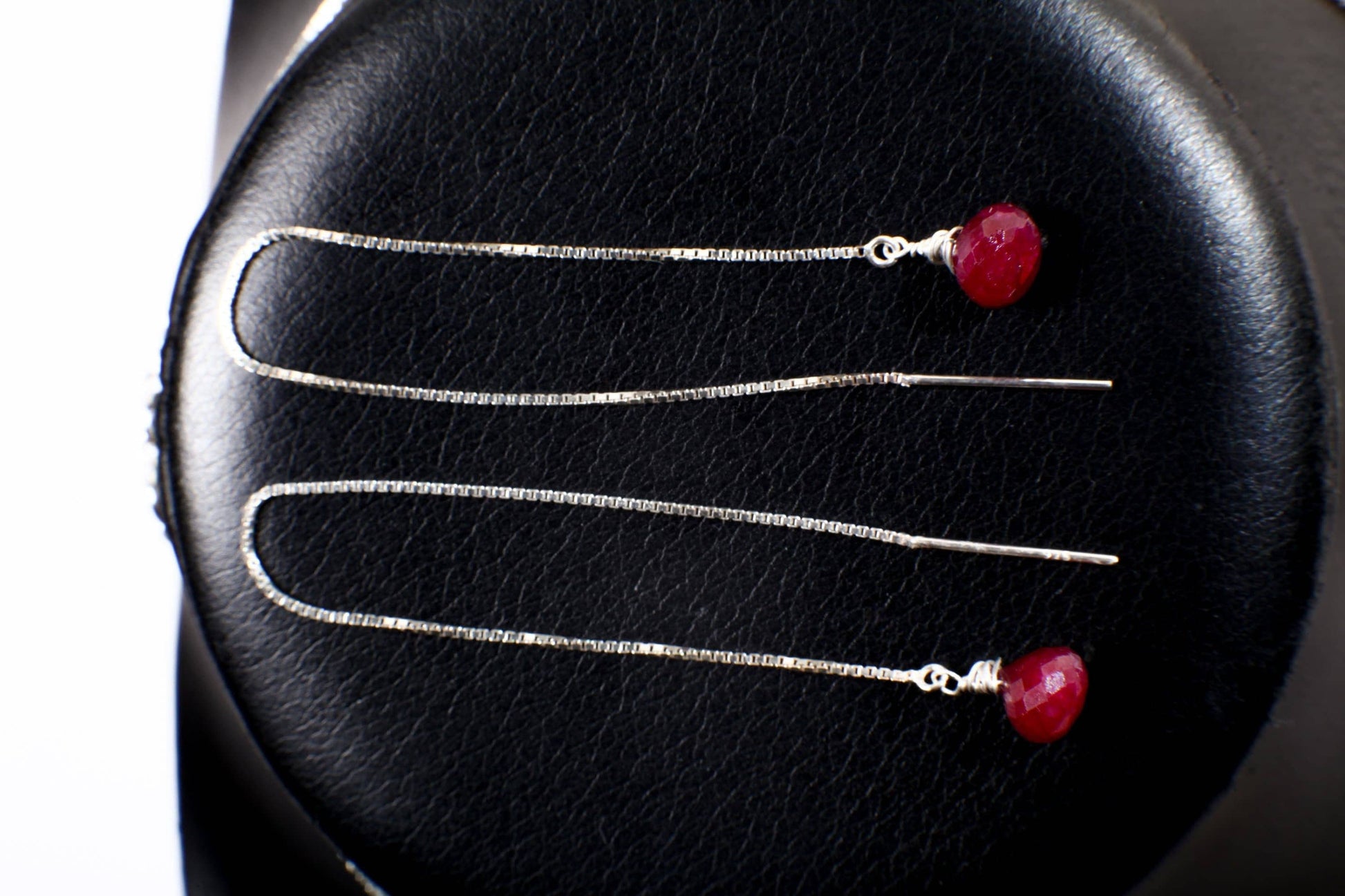 Ruby Necklace Set, Genuine Ruby Drop Briolette Onion Shape and 5" Long Threader Earrings in 925 Sterling Silver Box Chain Necklace