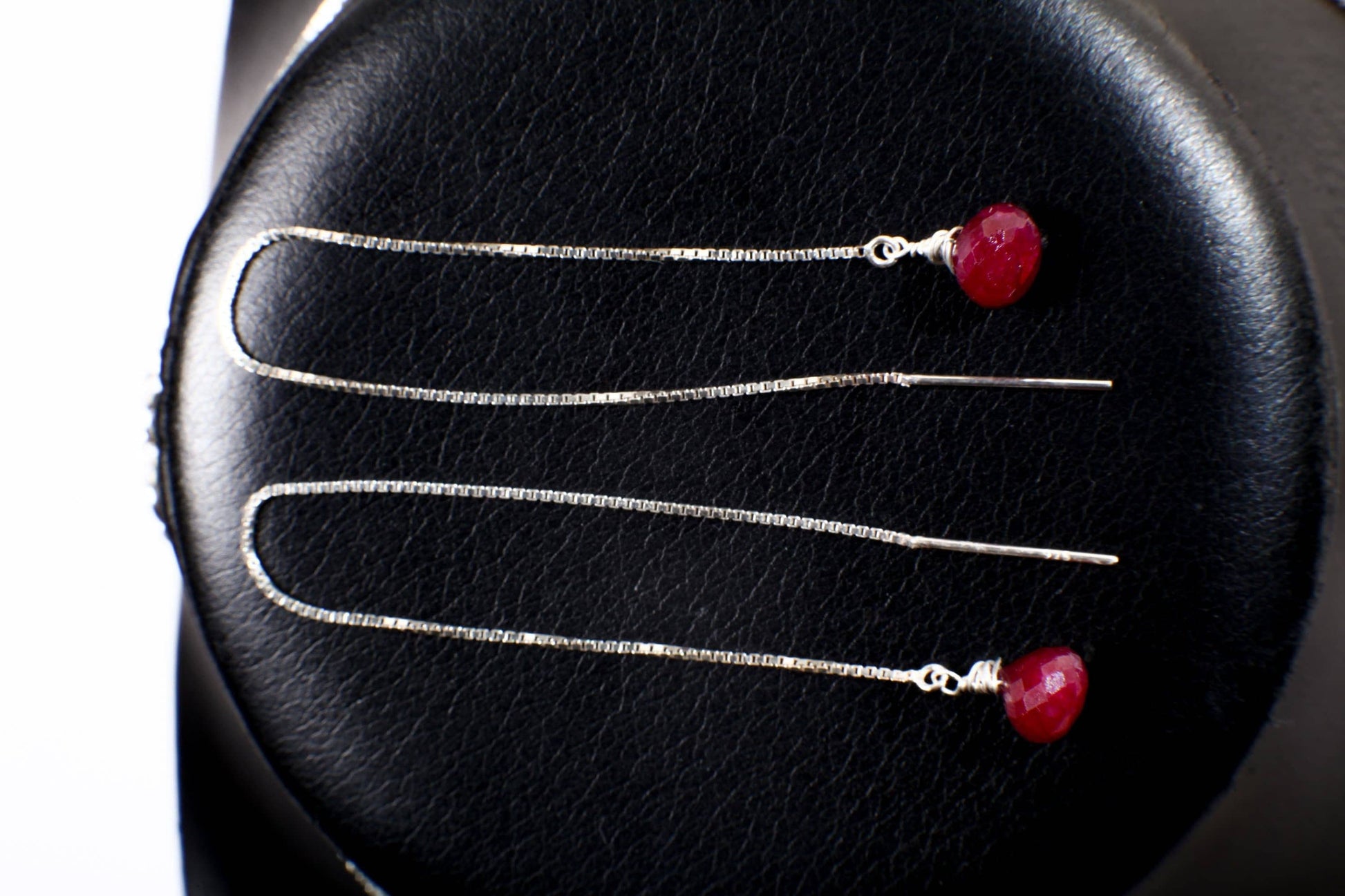 Ruby Necklace Set, Genuine Ruby Drop Briolette Onion Shape and 5&quot; Long Threader Earrings in 925 Sterling Silver Box Chain Necklace