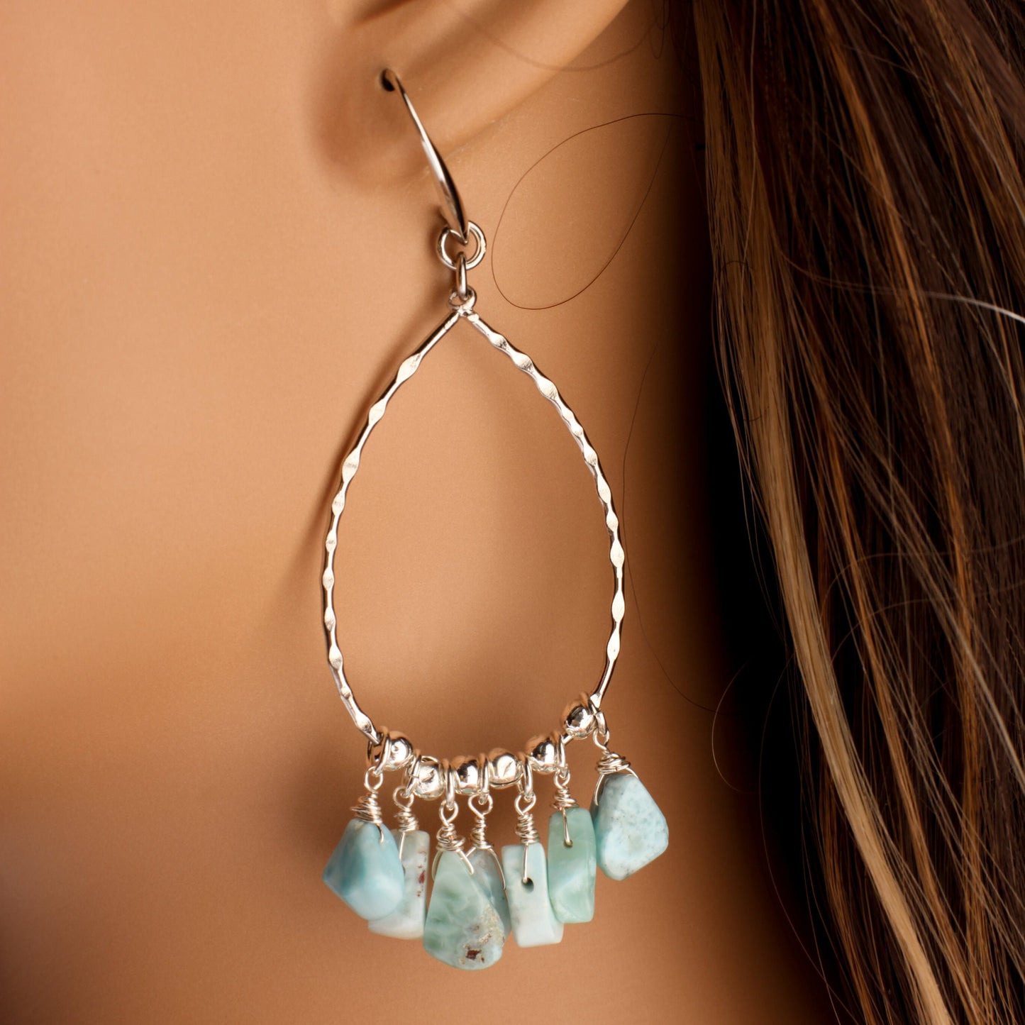 Natural Larimar Raw Free Form Teardrop 7x10-8x11mm Dangling, Rhodium hoop Teardrop Earrings, healing crystal, December Birthstone