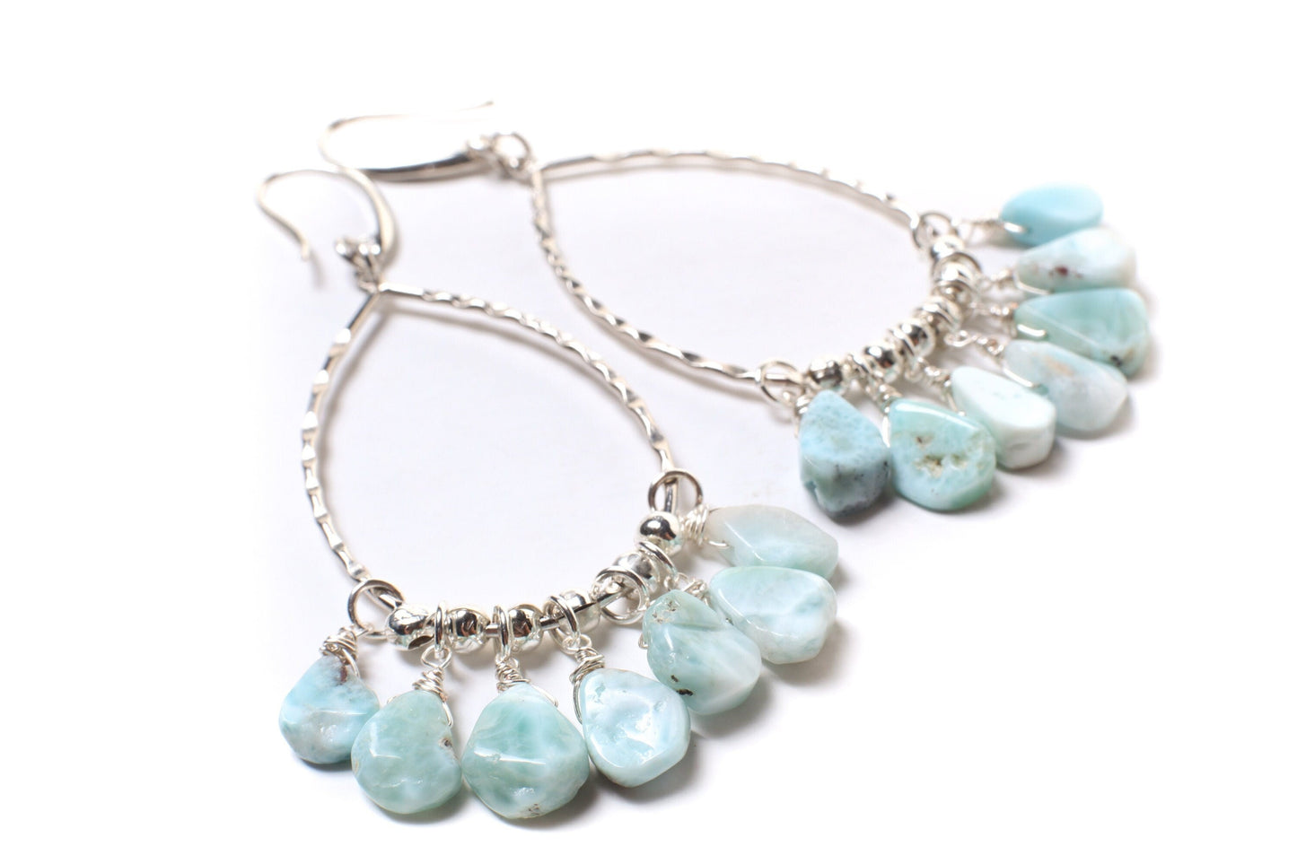 Natural Larimar Raw Free Form Teardrop 7x10-8x11mm Dangling, Rhodium hoop Teardrop Earrings, healing crystal, December Birthstone
