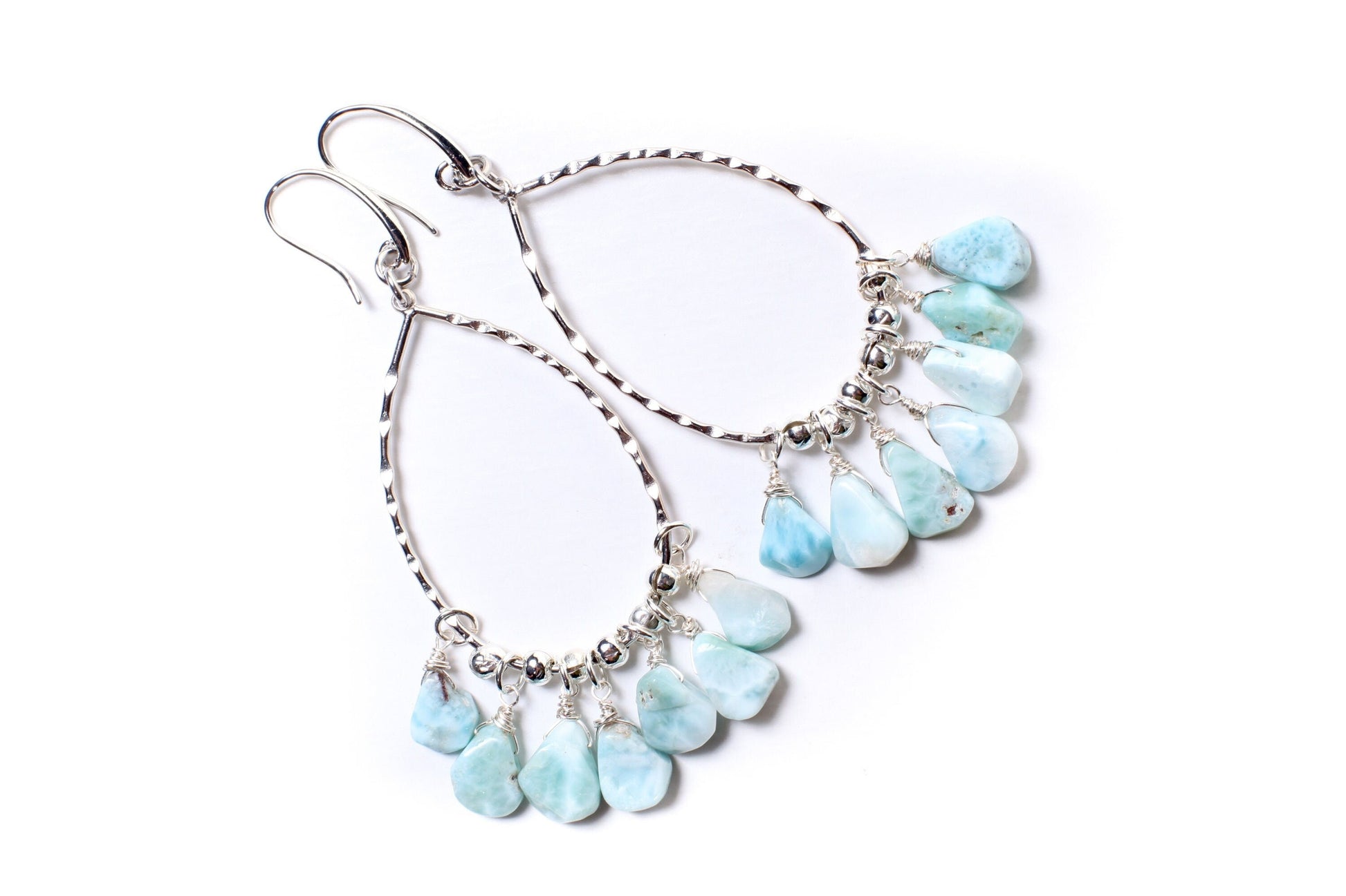 Natural Larimar Raw Free Form Teardrop 7x10-8x11mm Dangling, Rhodium hoop Teardrop Earrings, healing crystal, December Birthstone