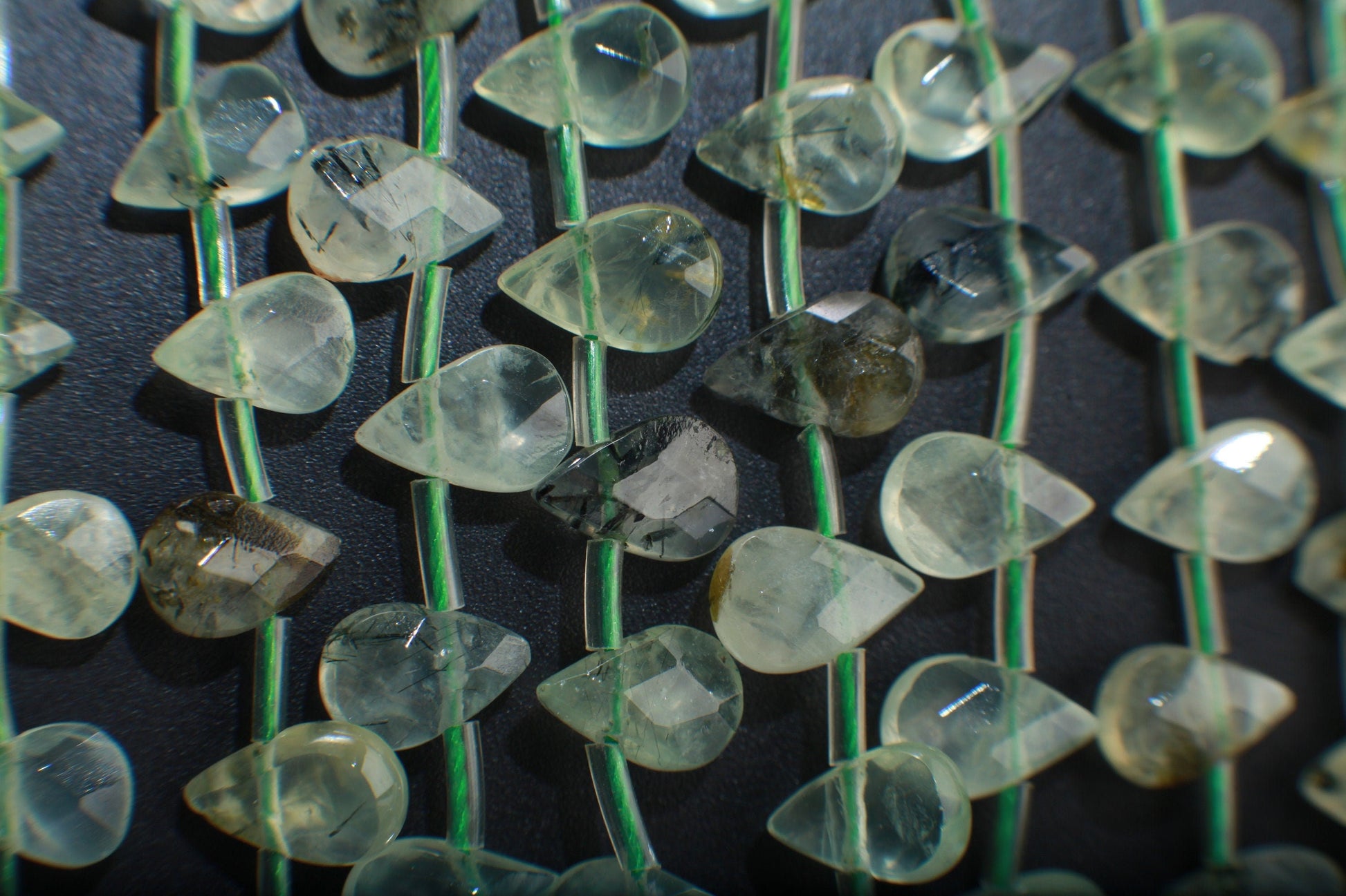 Natural Prehnite, Green Tourmalinated Quartz, Faceted Teardrops Shape 6x9mm Gemstones Side Drilled Beads 16&quot; Strands 43Pcs, Single/Bulk