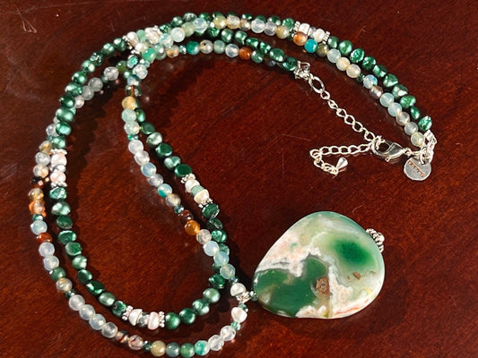 Japanese Blossom Flower Agate Pendant, Matching Freshwater Pearl and Fire Agate 18" plus 3” Extension Statement Necklace, Beautiful Gift