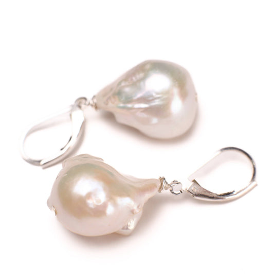 Natural Freshwater Baroque Pearl Flame Ball Earring in 925 Sterling Silver or 14k Gold Filled Leverback Earwire, Elegant Gift