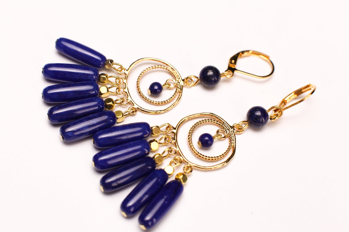 Lapis Lazuli Dangling Tube Gold Chandelier Earrings, Bridesmaids, Boho, Handmade Gemstone, Leverback Earwire, Gift for Her