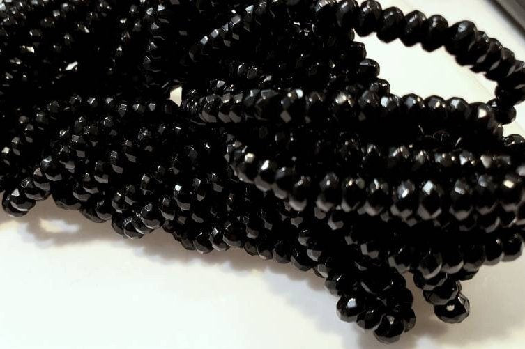 Black Onyx 4mm Faceted Rondelle, Jewelry Making Natural Black Onyx Gemstone Beads 14.5&quot; Strand