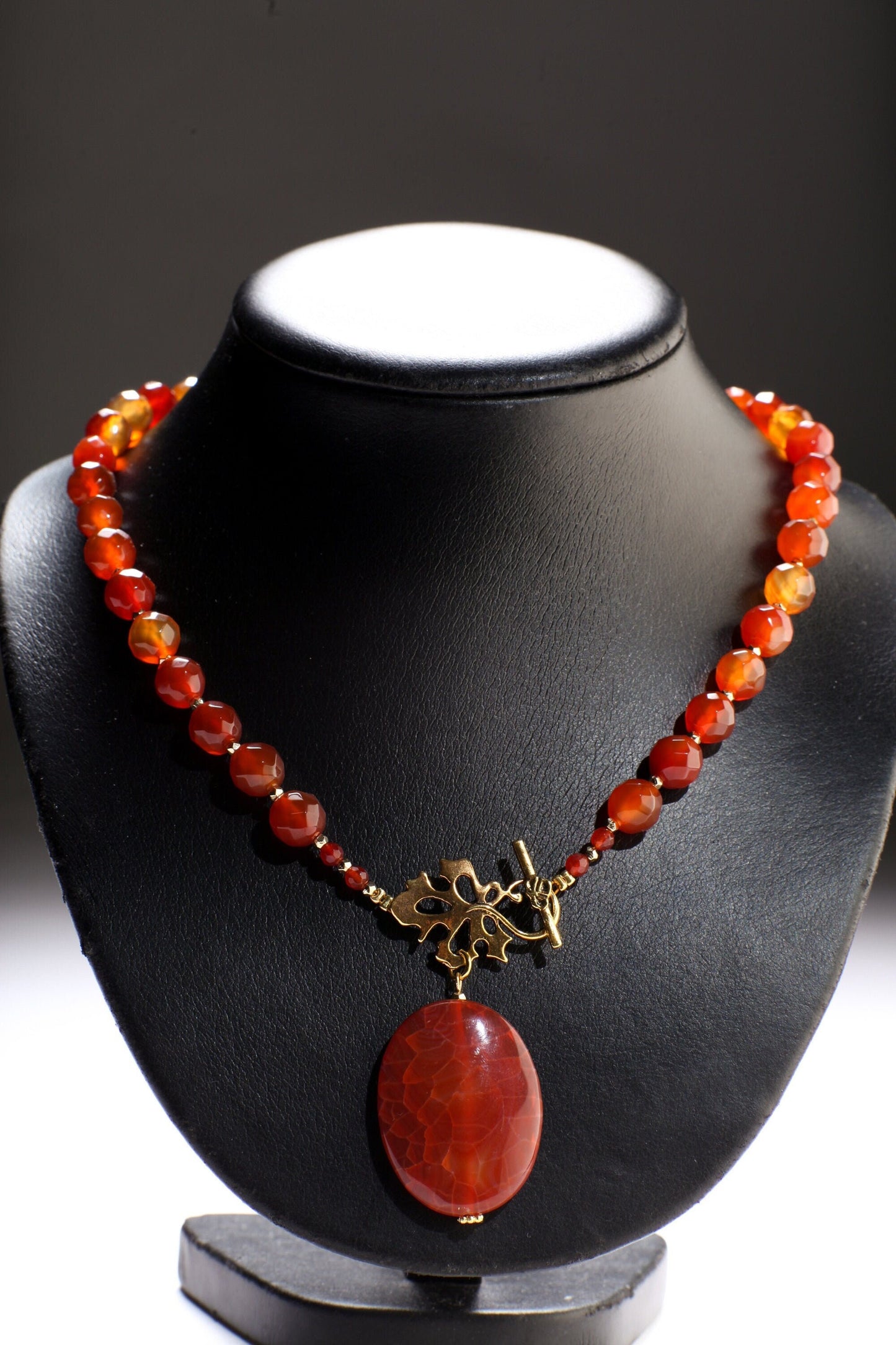 Carnelian Necklace, Natural Carnelian Faceted with Dangling Fire Agate Oval Pendant, Antiqued Gold Fancy Leaf Toggle Clasp,Gift 20" Necklace