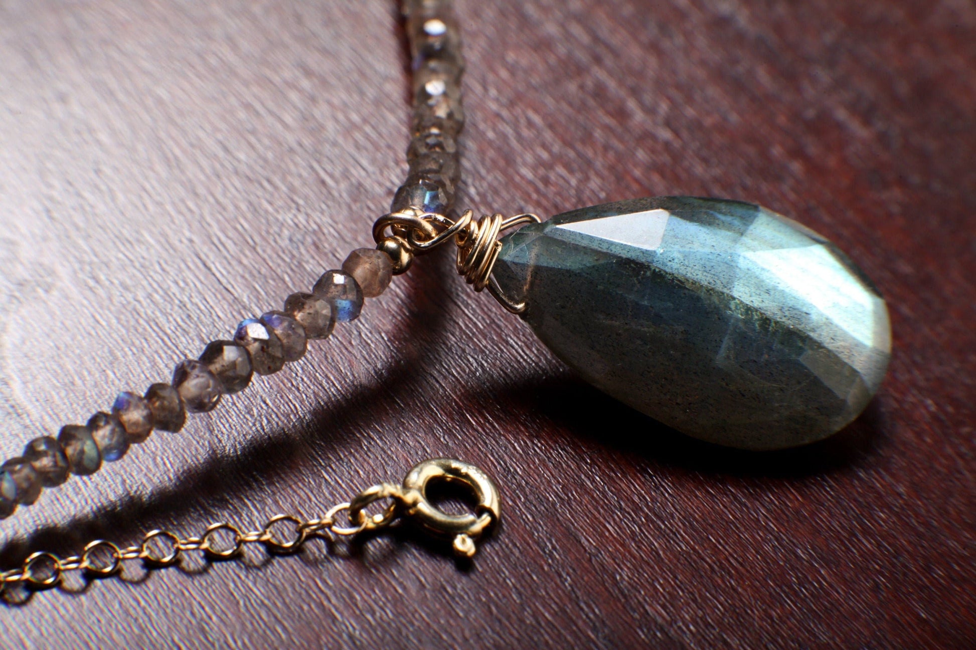 Labradorite Faceted 12x22mm large Pear Drop pendant with Labradorite Rondelle, 14K Gold Filled Chain Necklace, Clasp, handmade Gift For Her