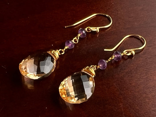 AAA Citrine Cut Stone Pear Drop 12x16mm, 4mm Faceted Amethyst Wire Wrapped in 14K Gold Filled Earrings, Soothing Gem, November Birthstone