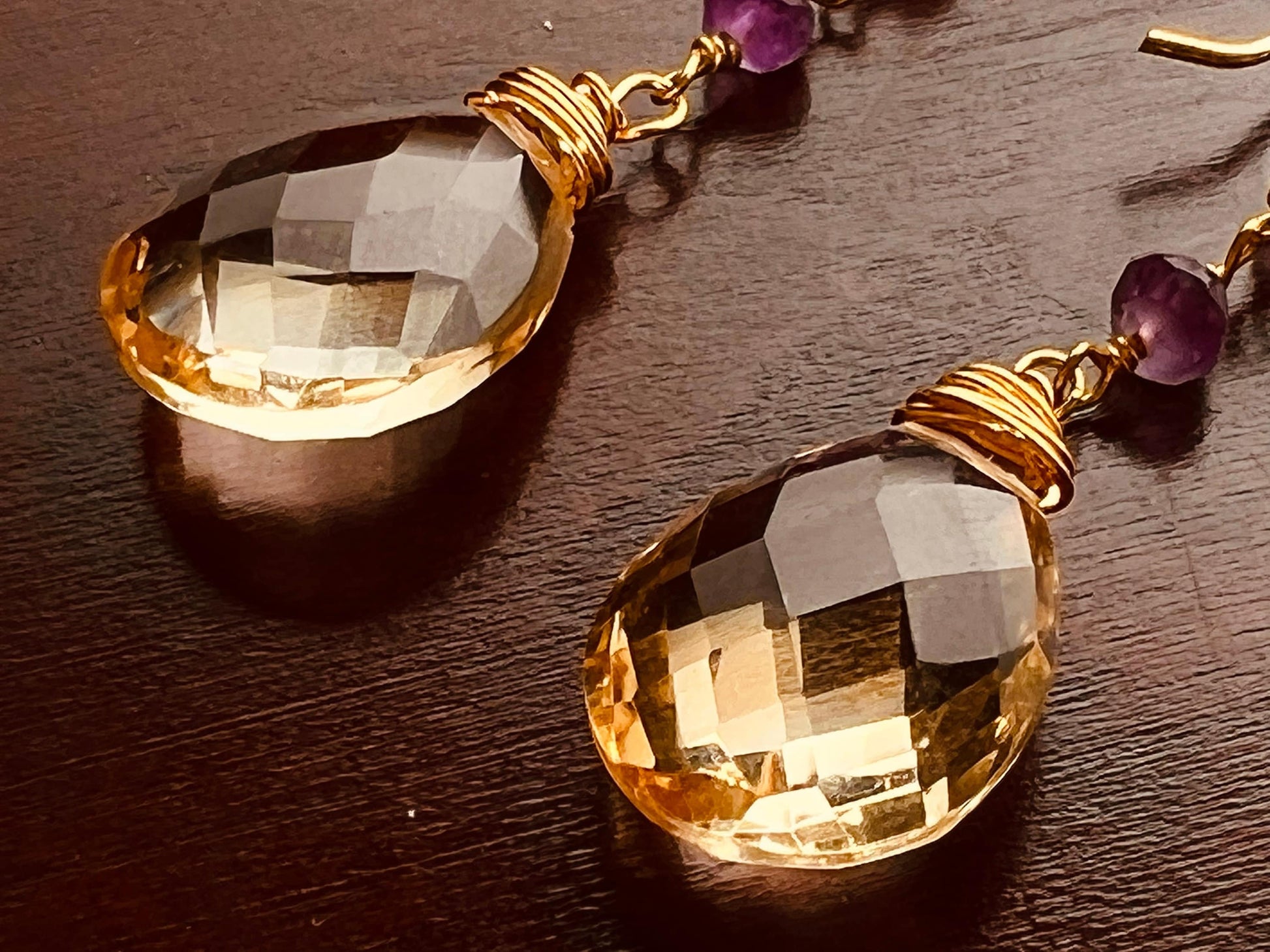 AAA Citrine Cut Stone Pear Drop 12x16mm, 4mm Faceted Amethyst Wire Wrapped in 14K Gold Filled Earrings, Soothing Gem, November Birthstone