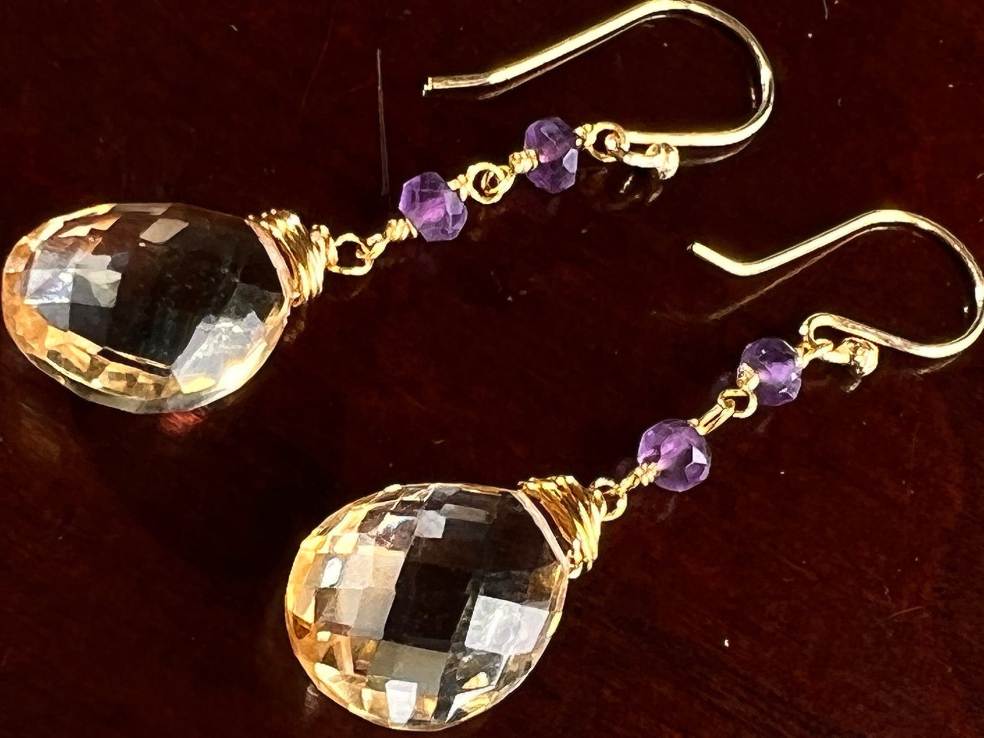 AAA Citrine Cut Stone Pear Drop 12x16mm, 4mm Faceted Amethyst Wire Wrapped in 14K Gold Filled Earrings, Soothing Gem, November Birthstone