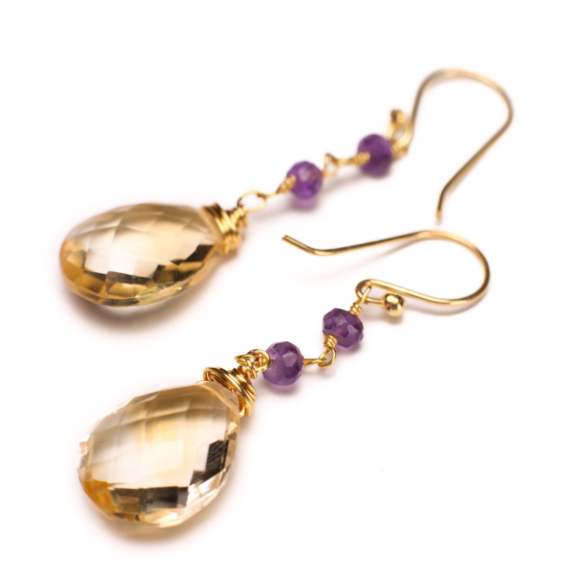 AAA Citrine Cut Stone Pear Drop 12x16mm, 4mm Faceted Amethyst Wire Wrapped in 14K Gold Filled Earrings, Soothing Gem, November Birthstone