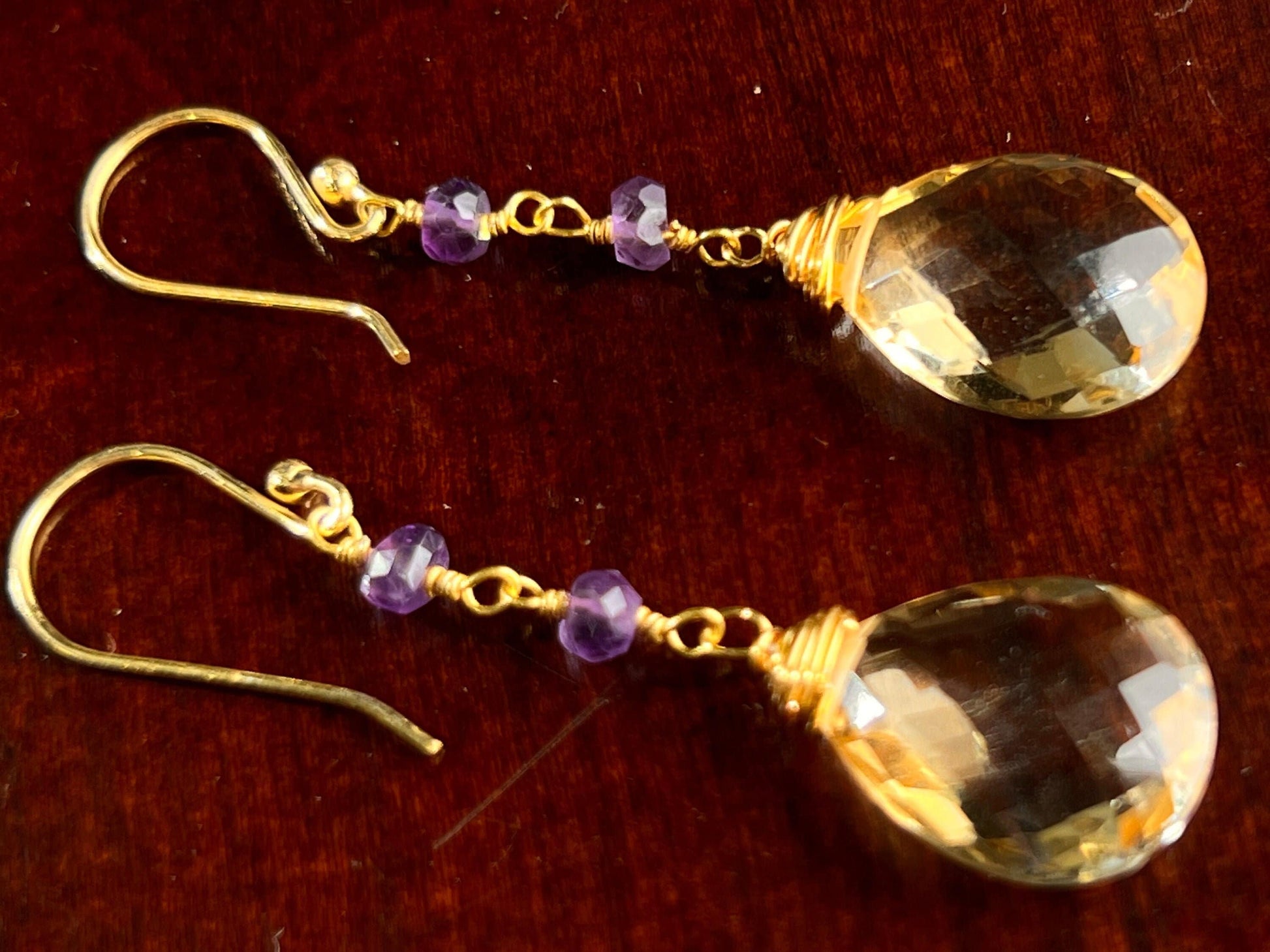 AAA Citrine Cut Stone Pear Drop 12x16mm, 4mm Faceted Amethyst Wire Wrapped in 14K Gold Filled Earrings, Soothing Gem, November Birthstone