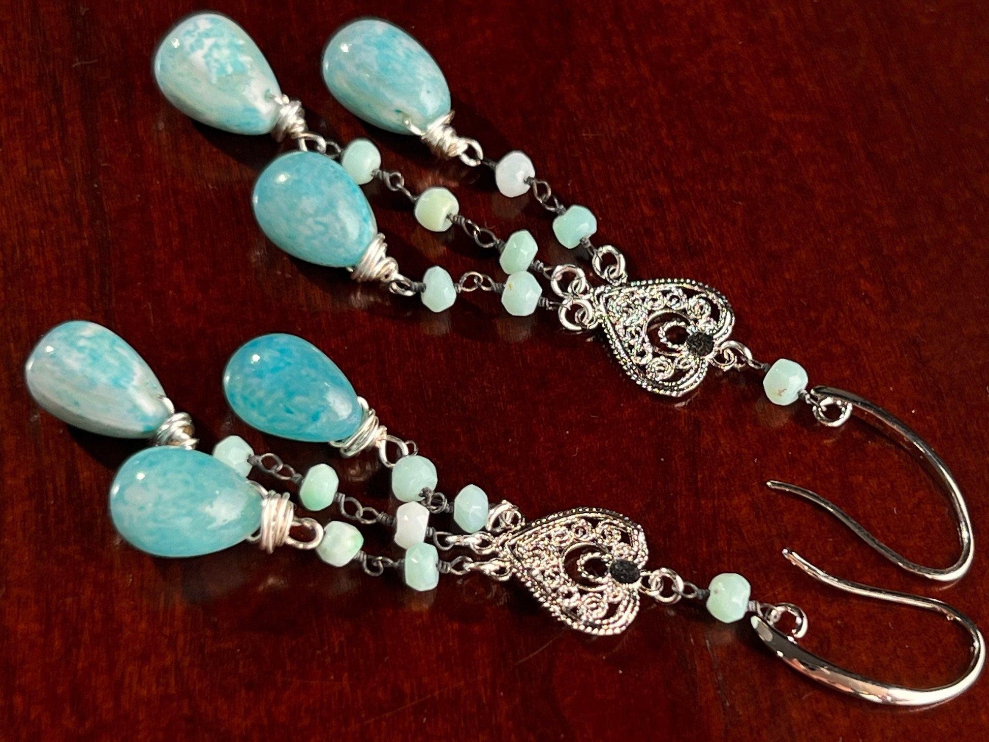 Blue Opal Pear Drop Dangling with Blue Opal Roundel Wire Wrapped Heart Shape Chandelier in Rhodium Silver Earrings