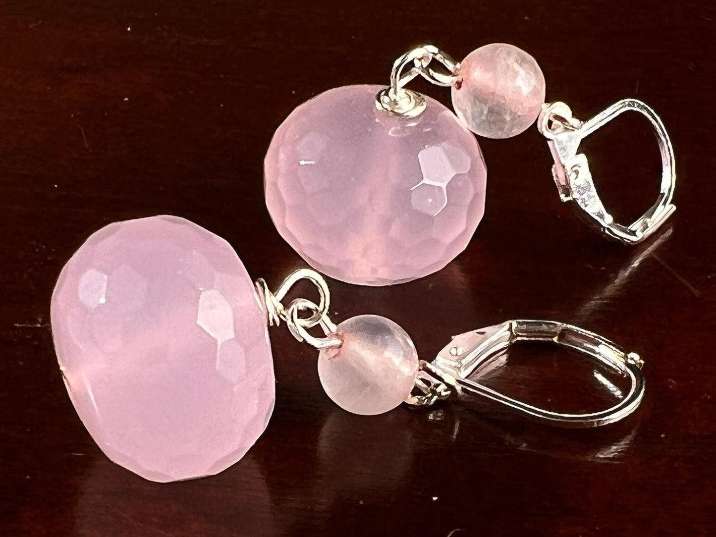 Natural Rose Quartz Faceted Large Roundel 14mm, Spacer 4mm Rose Quartz Wire Wrapped in Silver Leverback or Earwire