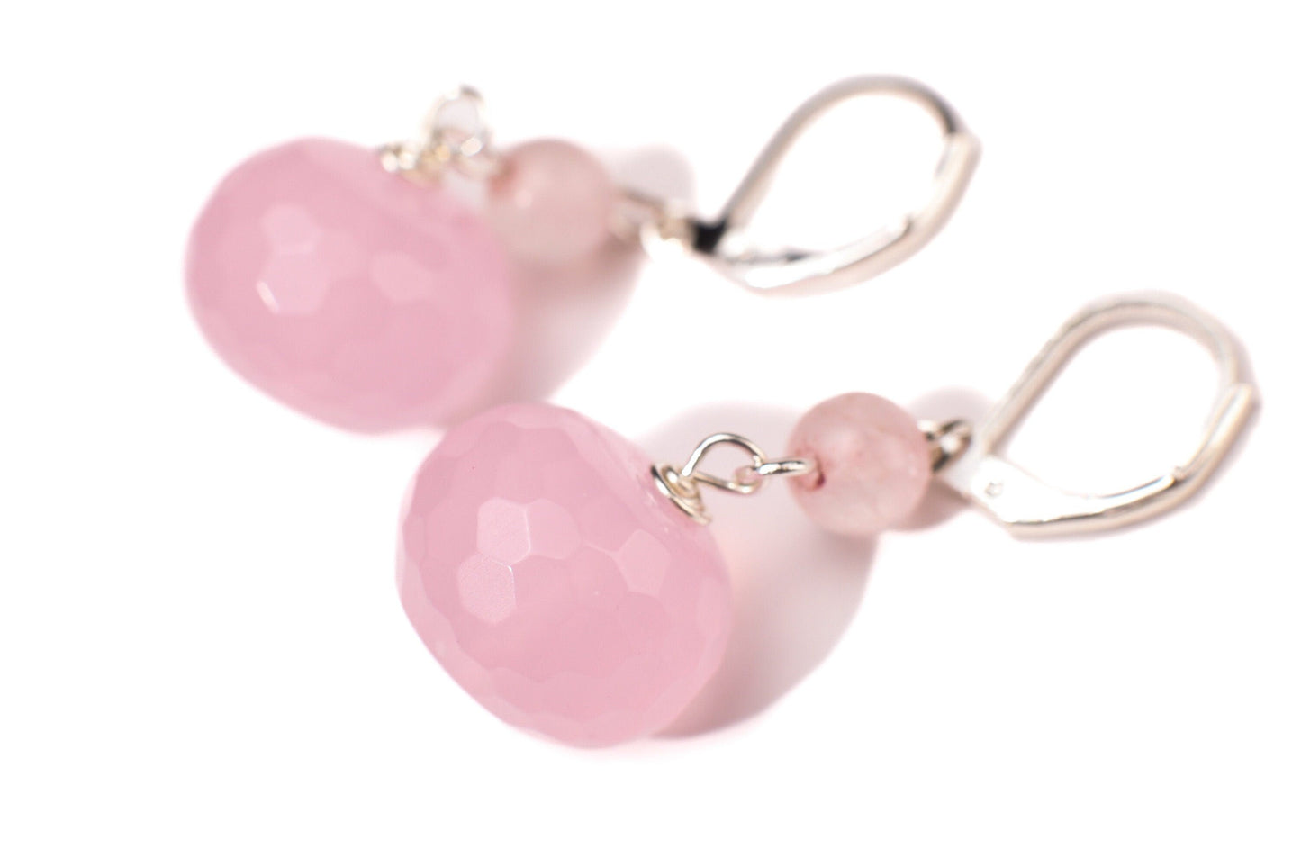 Natural Rose Quartz Faceted Large Roundel 14mm, Spacer 4mm Rose Quartz Wire Wrapped in Silver Leverback or Earwire