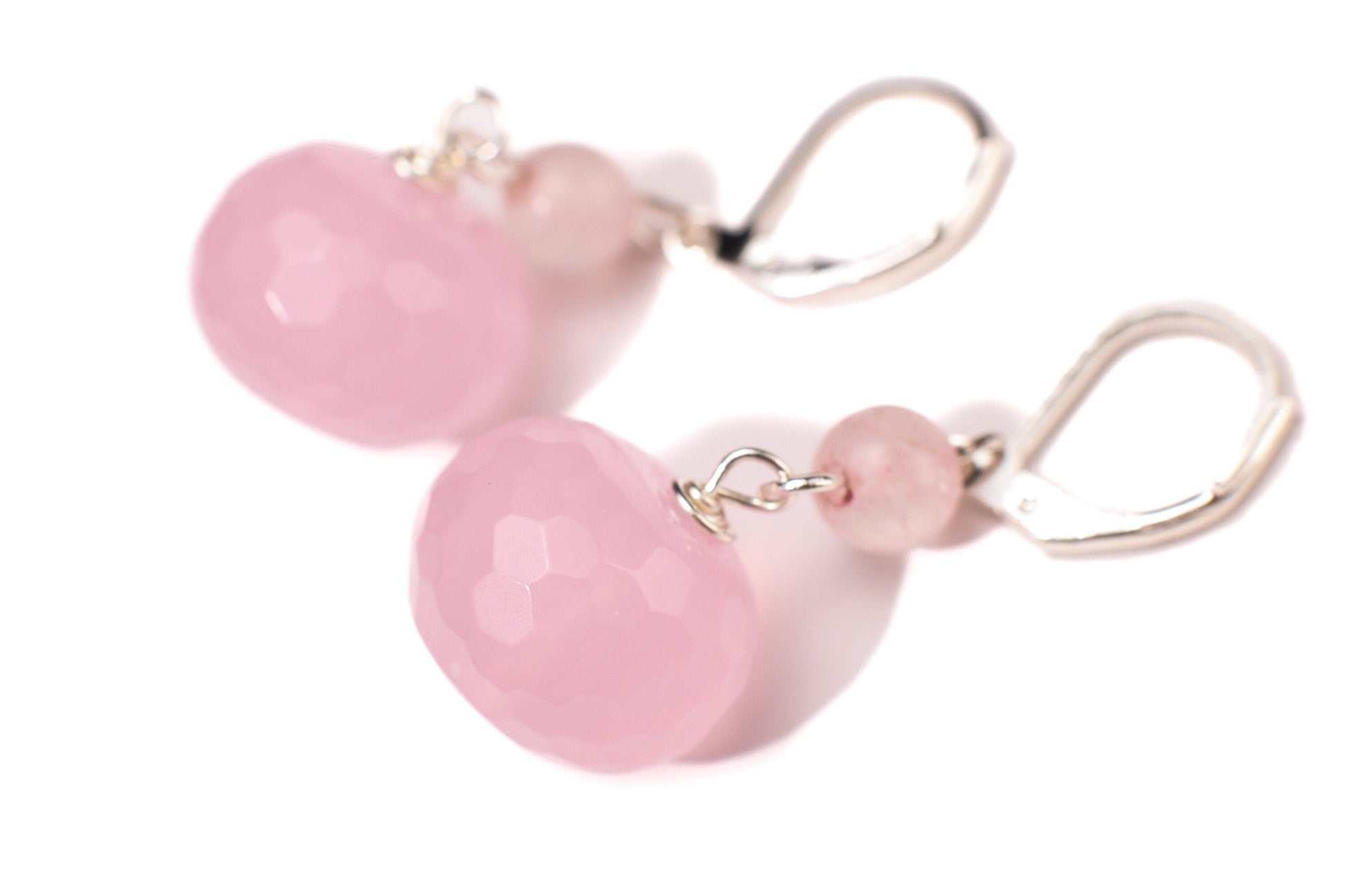 Natural Rose Quartz Faceted Large Roundel 14mm, Spacer 4mm Rose Quartz Wire Wrapped in Silver Leverback or Earwire