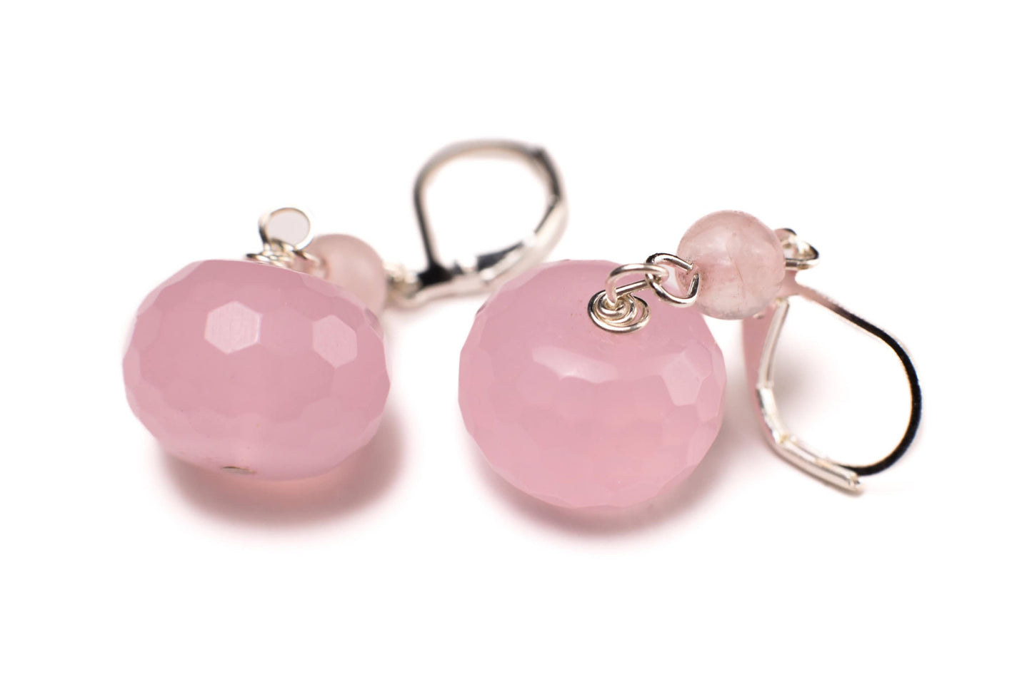 Natural Rose Quartz Faceted Large Roundel 14mm, Spacer 4mm Rose Quartz Wire Wrapped in Silver Leverback or Earwire