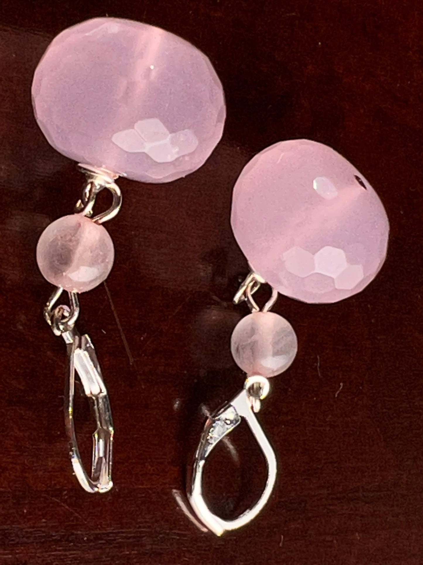 Natural Rose Quartz Faceted Large Roundel 14mm, Spacer 4mm Rose Quartz Wire Wrapped in Silver Leverback or Earwire