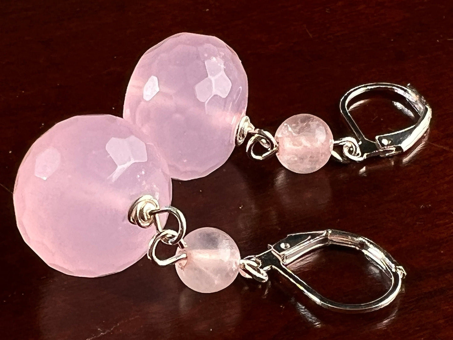 Natural Rose Quartz Faceted Large Roundel 14mm, Spacer 4mm Rose Quartz Wire Wrapped in Silver Leverback or Earwire