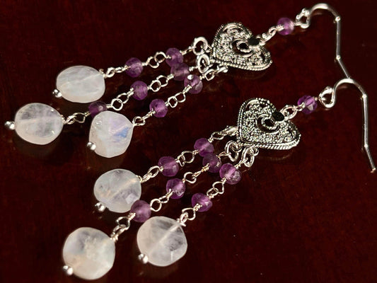 Natural Moonstone Dangling with Natural Amethyst Filigree Chandelier Wire Wrapped 925 Sterling Silver Earrings, Handmade Gift for Her