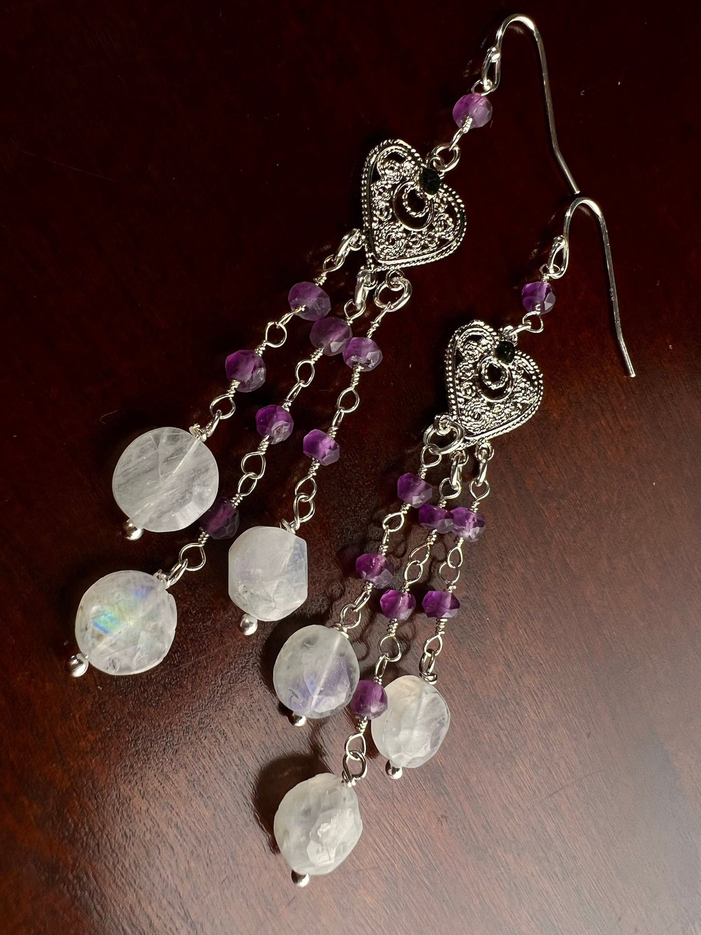 Natural Moonstone Dangling with Natural Amethyst Filigree Chandelier Wire Wrapped 925 Sterling Silver Earrings, Handmade Gift for Her