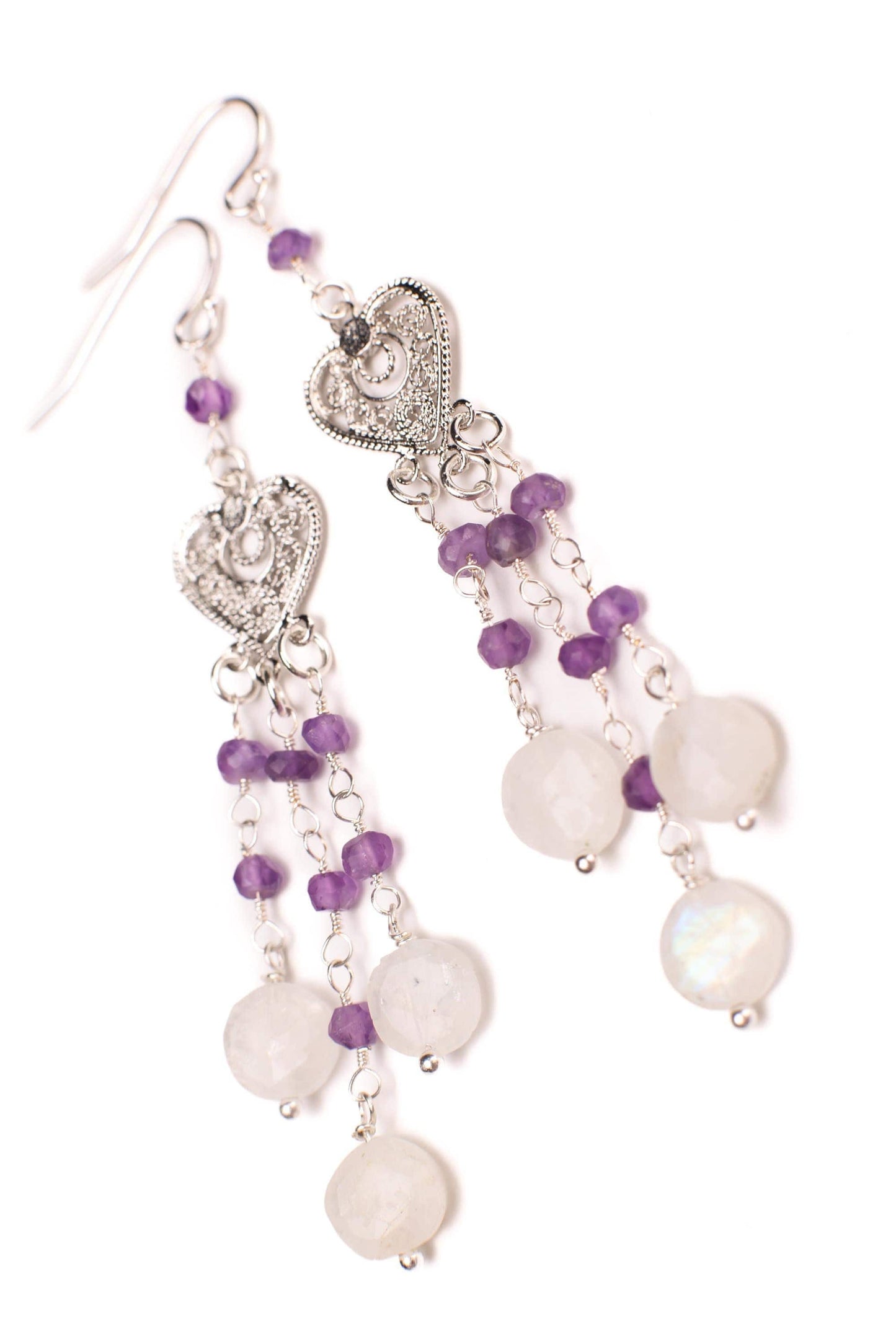 Natural Moonstone Dangling with Natural Amethyst Filigree Chandelier Wire Wrapped 925 Sterling Silver Earrings, Handmade Gift for Her