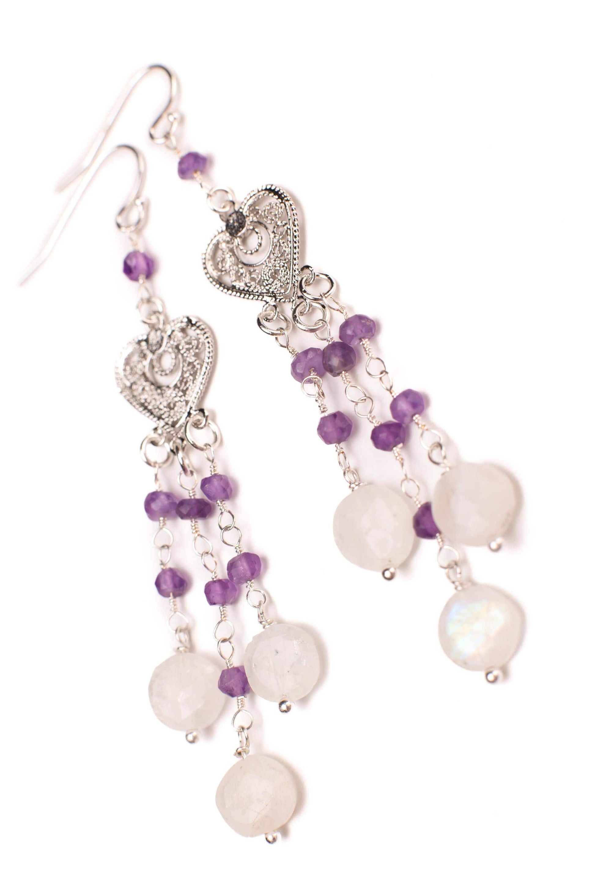 Natural Moonstone Dangling with Natural Amethyst Filigree Chandelier Wire Wrapped 925 Sterling Silver Earrings, Handmade Gift for Her