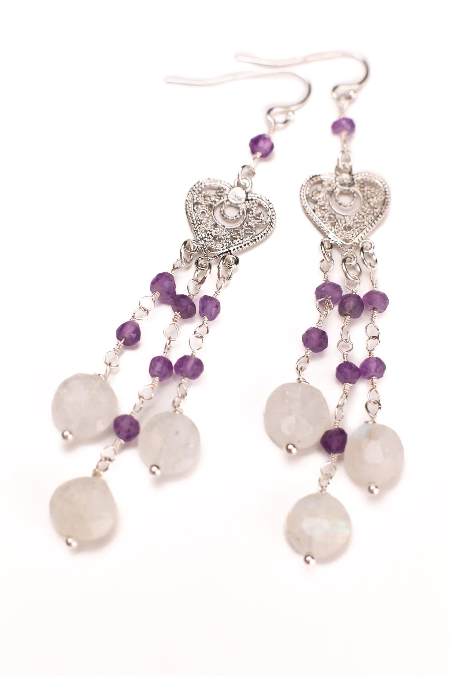 Natural Moonstone Dangling with Natural Amethyst Filigree Chandelier Wire Wrapped 925 Sterling Silver Earrings, Handmade Gift for Her