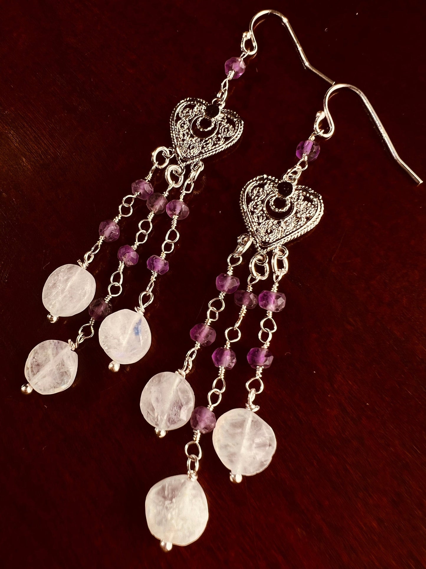 Natural Moonstone Dangling with Natural Amethyst Filigree Chandelier Wire Wrapped 925 Sterling Silver Earrings, Handmade Gift for Her
