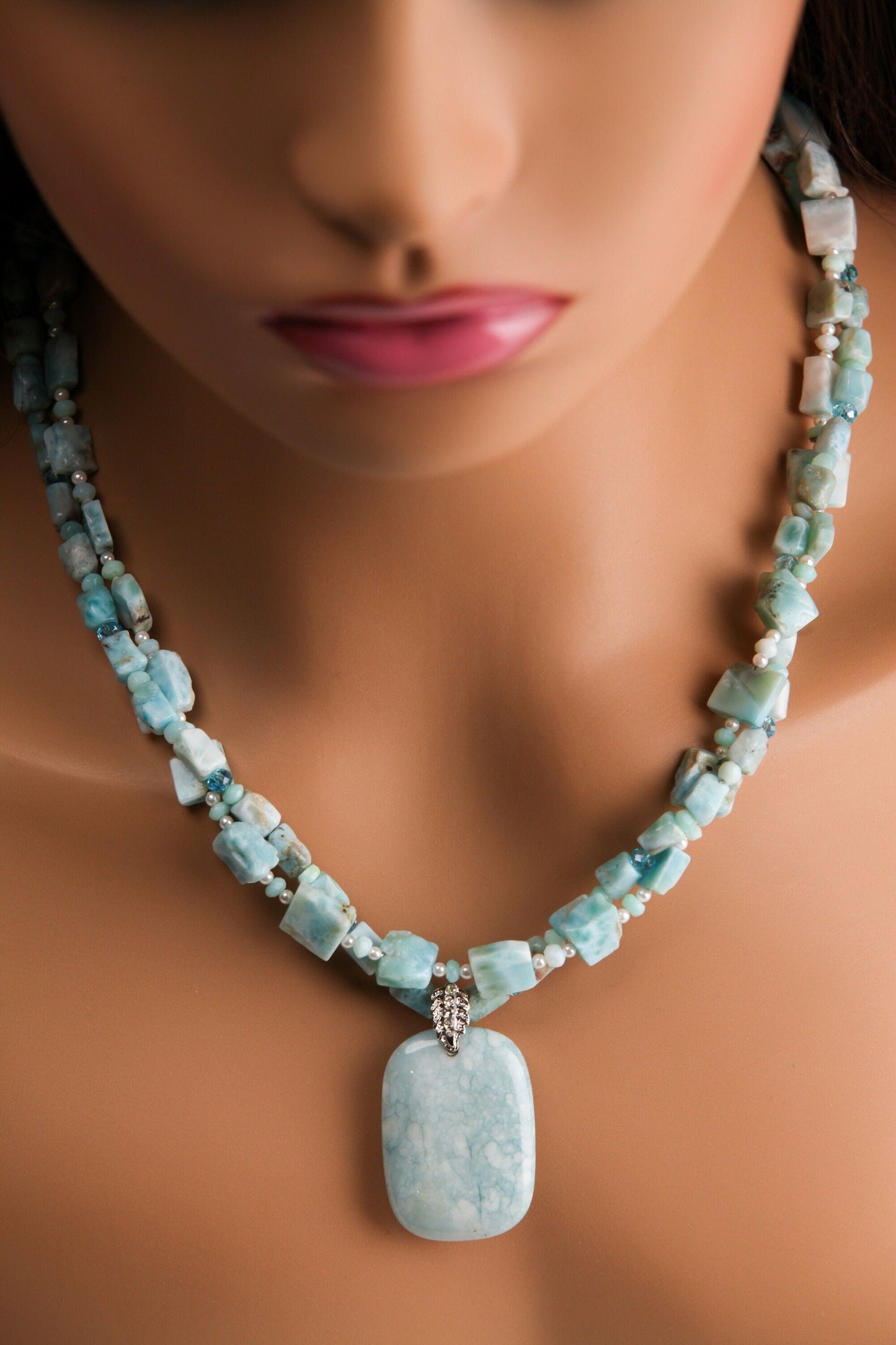 Double Layered Natural Larimar Nugget and Square Gemstone, Freshwater Pearl, Larimar spacer, larimar pendant Necklace with 2" Extension