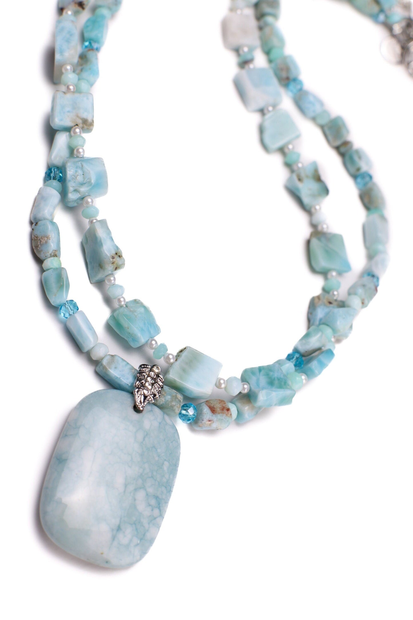 Double Layered Natural Larimar Nugget and Square Gemstone, Freshwater Pearl, Larimar spacer, larimar pendant Necklace with 2&quot; Extension