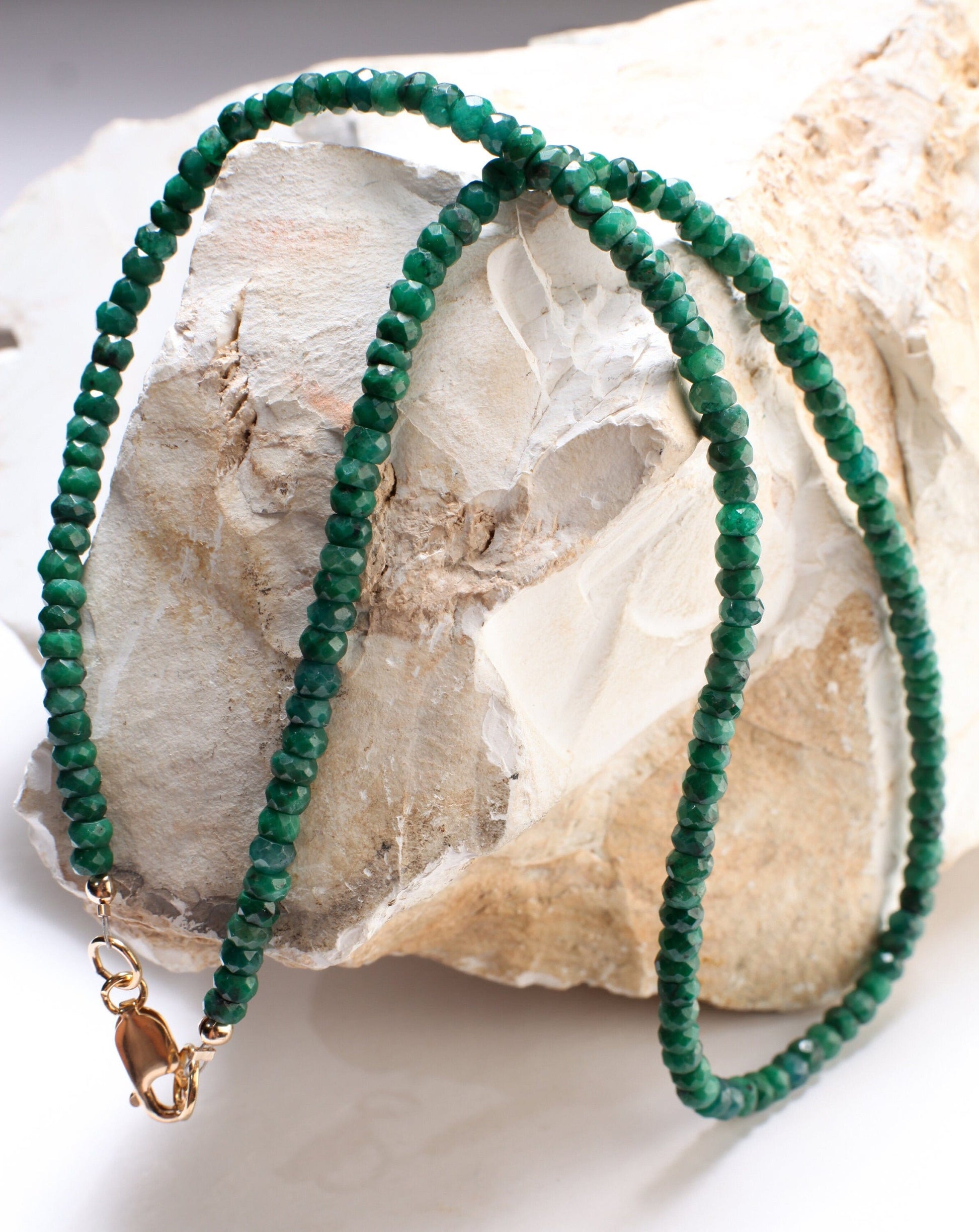 Emerald Necklace, Natural Zambian Emerald 4mm Faceted Roundel Gemstone Beads Necklace in 14k Gold filled